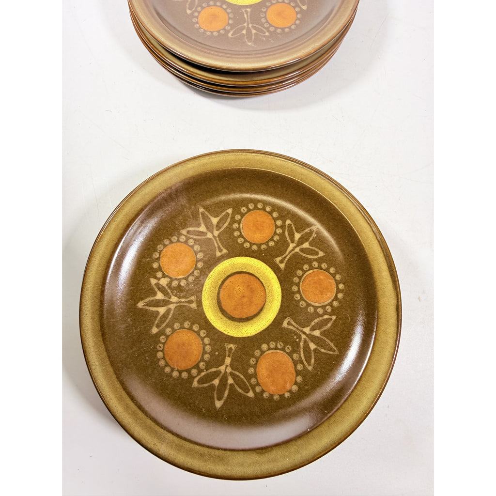 Stoneware Salad Plates Georges Briard Aztec Set 9 7 5/8" Vintage Mid Century Brown Orange Replacement China Kitschy Japan Muted Earthtones