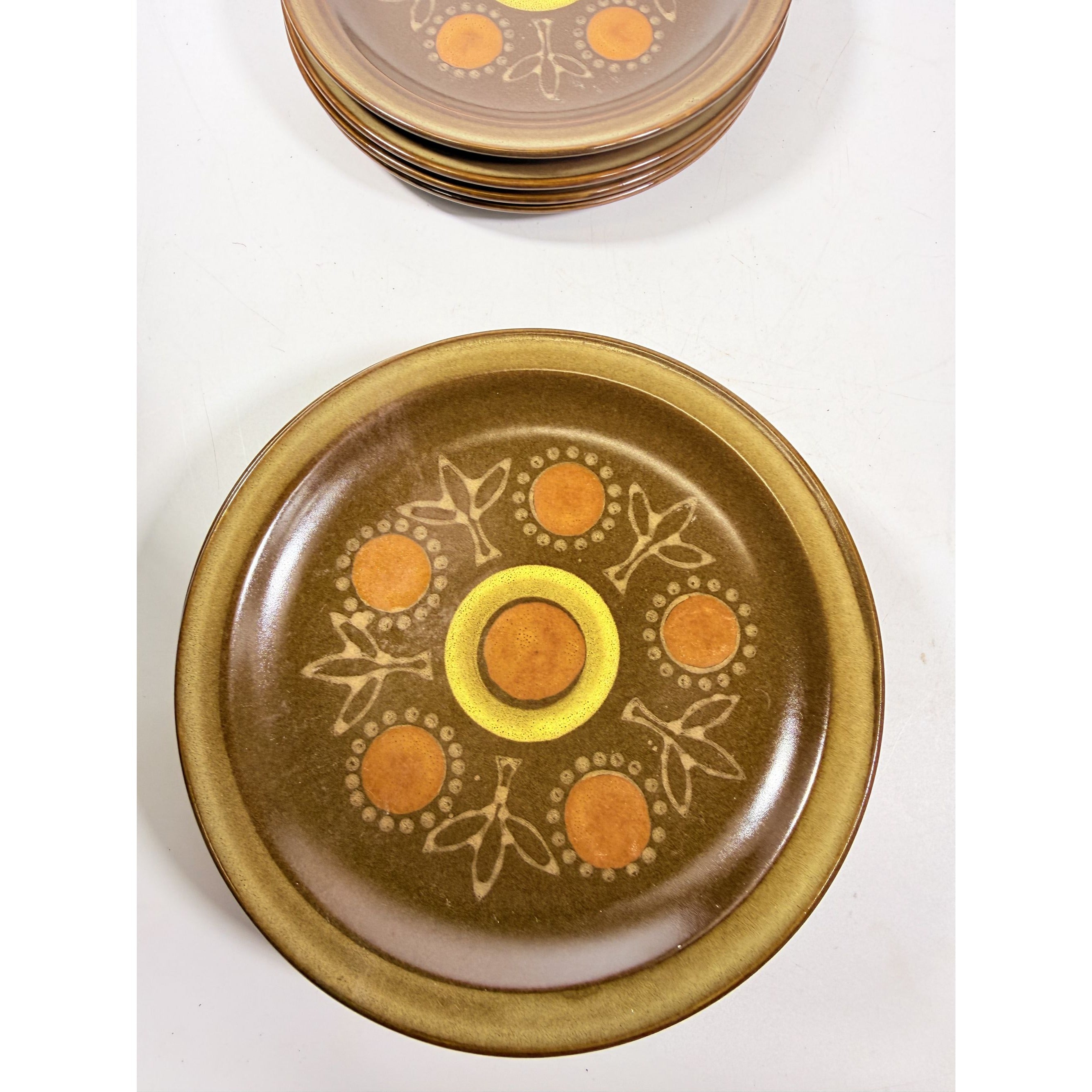 Stoneware Salad Plates Georges Briard Aztec Set 9 7 5/8" Vintage Mid Century Brown Orange Replacement China Kitschy Japan Muted Earthtones