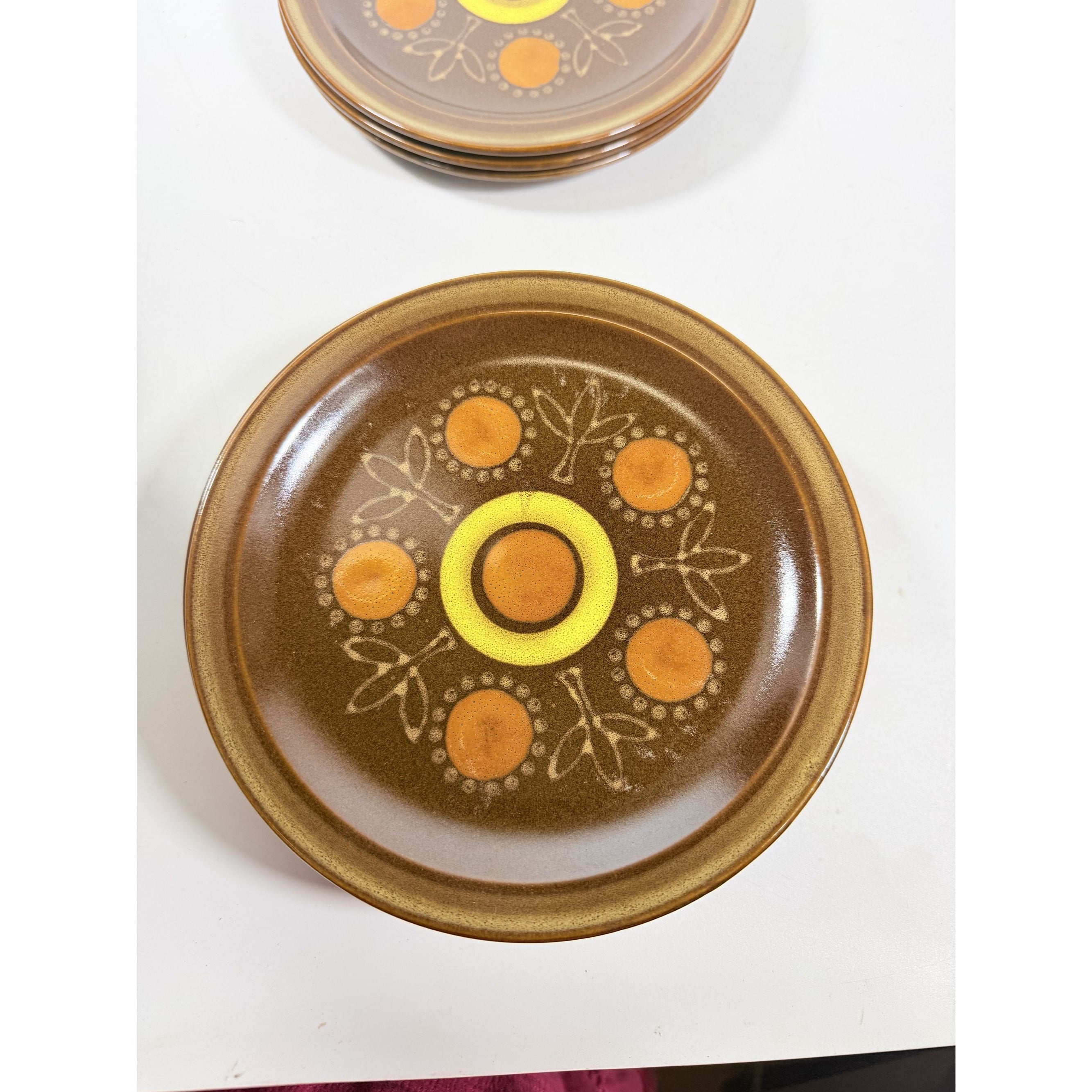 Stoneware Salad Plates Georges Briard Aztec Set 9 7 5/8" Vintage Mid Century Brown Orange Replacement China Kitschy Japan Muted Earthtones