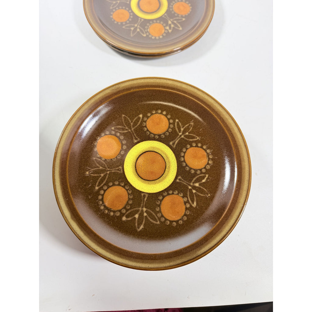 Stoneware Salad Plates Georges Briard Aztec Set 9 7 5/8" Vintage Mid Century Brown Orange Replacement China Kitschy Japan Muted Earthtones