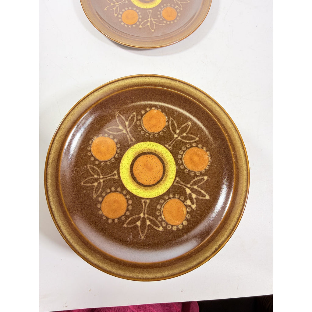Stoneware Salad Plates Georges Briard Aztec Set 9 7 5/8" Vintage Mid Century Brown Orange Replacement China Kitschy Japan Muted Earthtones