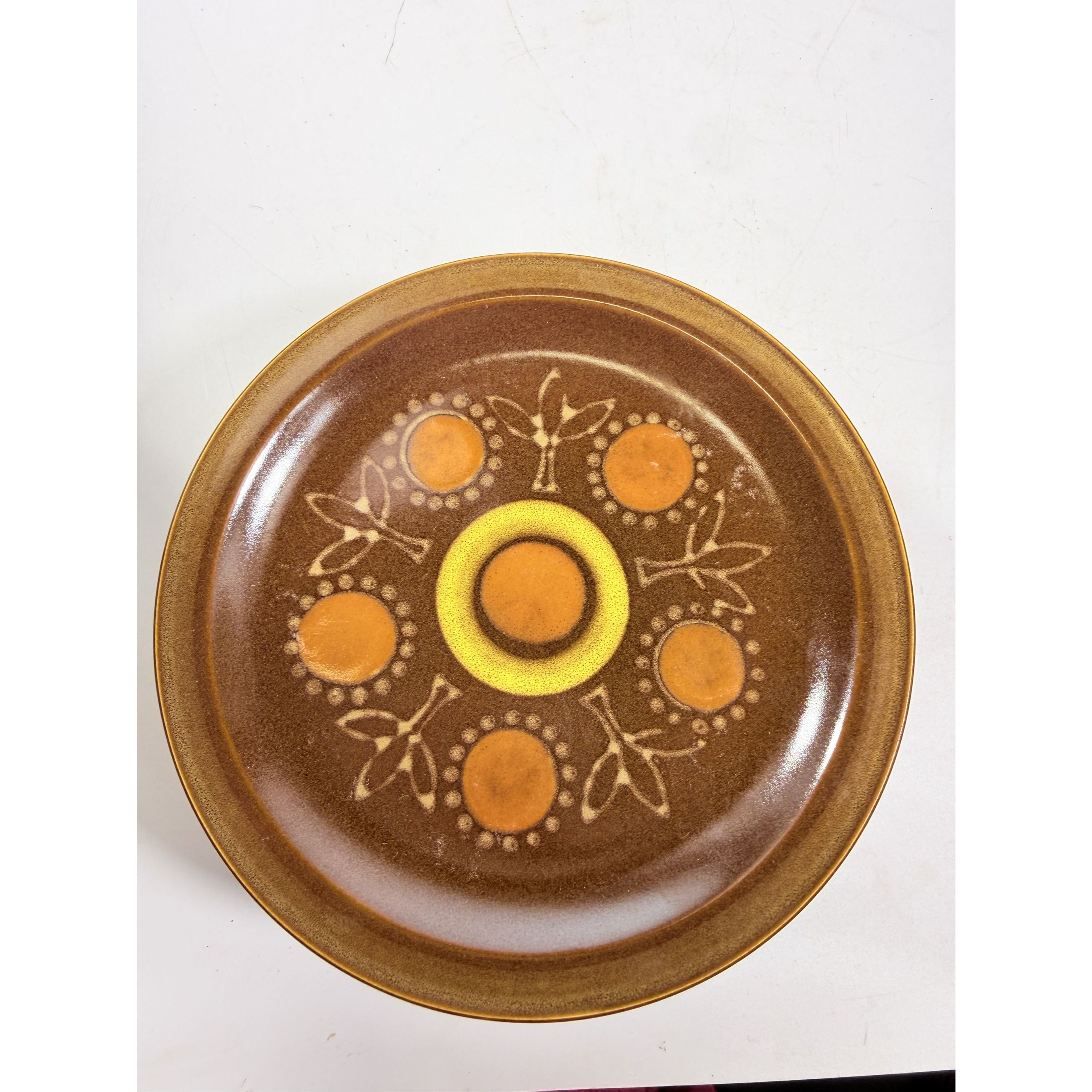 Stoneware Salad Plates Georges Briard Aztec Set 9 7 5/8" Vintage Mid Century Brown Orange Replacement China Kitschy Japan Muted Earthtones