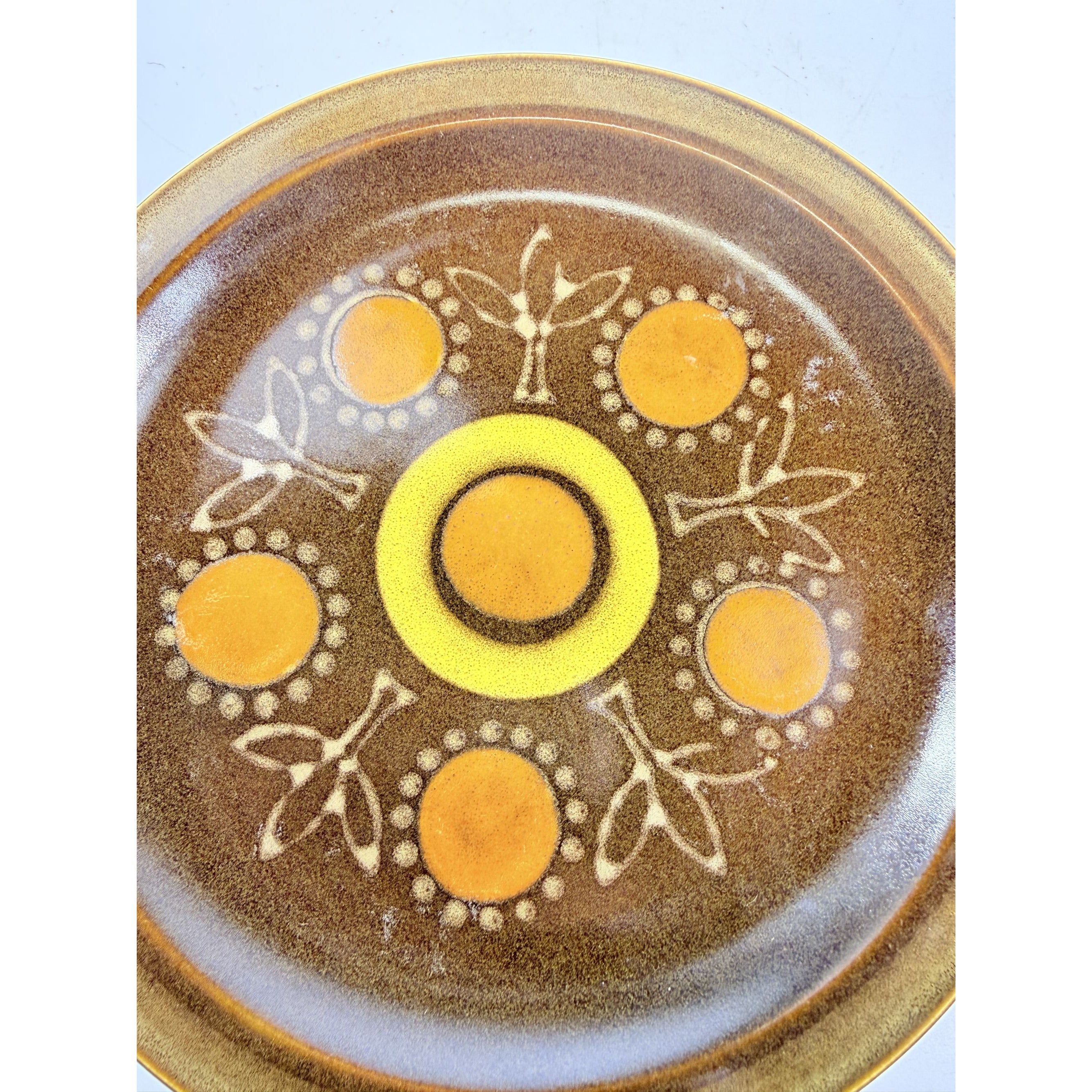 Stoneware Salad Plates Georges Briard Aztec Set 9 7 5/8" Vintage Mid Century Brown Orange Replacement China Kitschy Japan Muted Earthtones