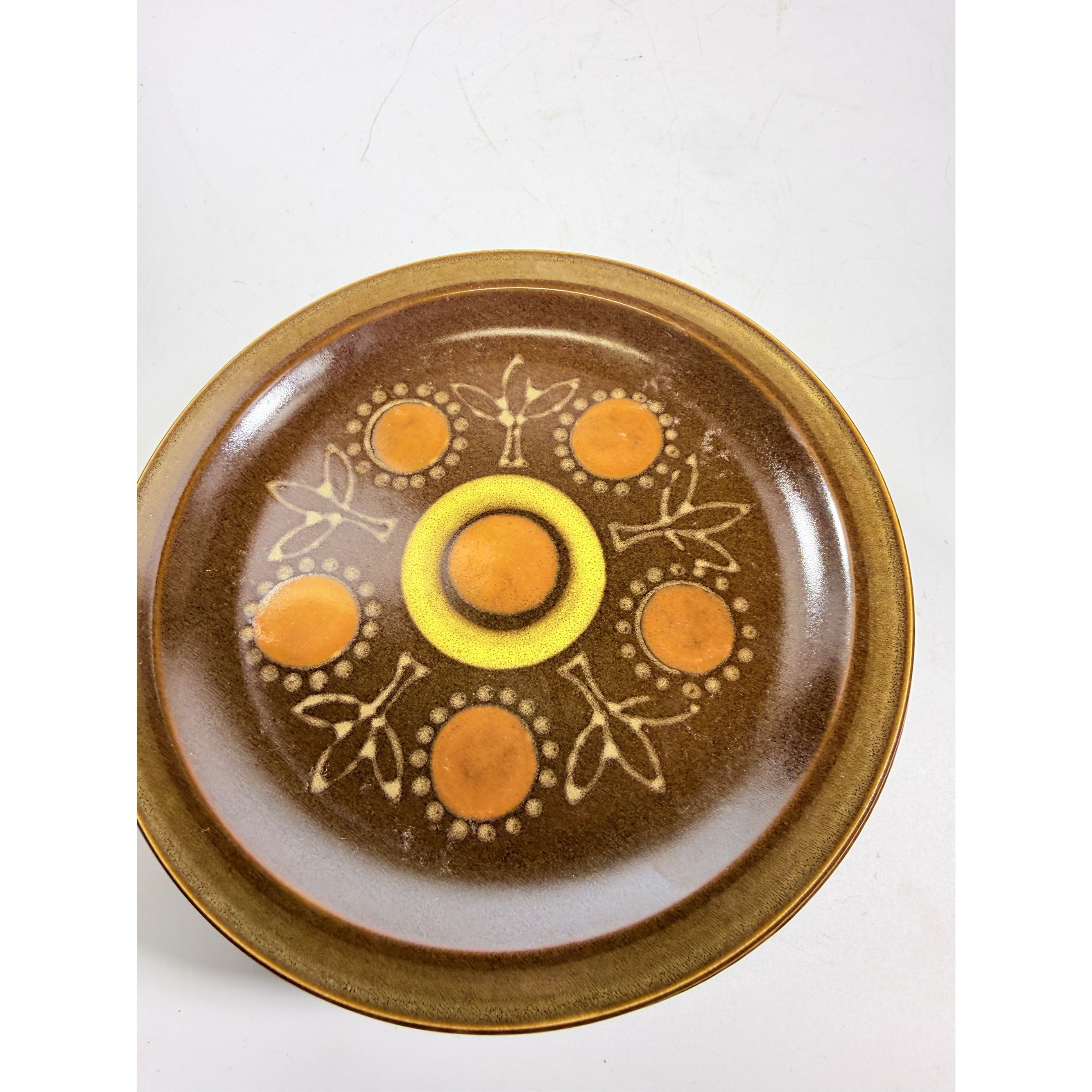 Stoneware Salad Plates Georges Briard Aztec Set 9 7 5/8" Vintage Mid Century Brown Orange Replacement China Kitschy Japan Muted Earthtones
