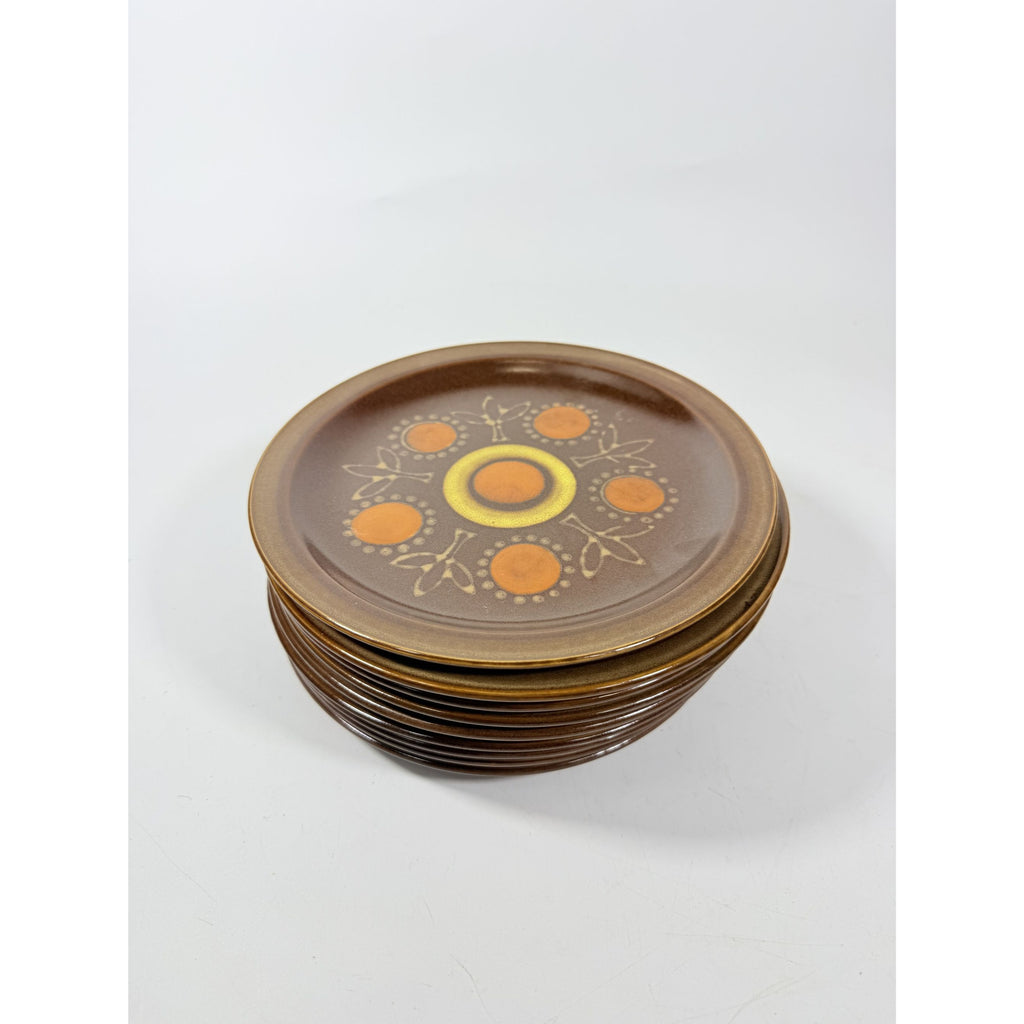 Stoneware Salad Plates Georges Briard Aztec Set 9 7 5/8" Vintage Mid Century Brown Orange Replacement China Kitschy Japan Muted Earthtones