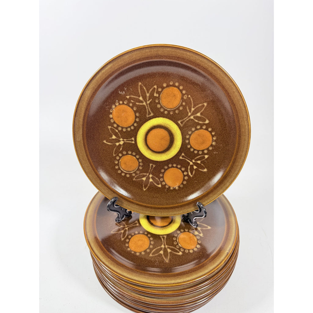 Stoneware Salad Plates Georges Briard Aztec Set 9 7 5/8" Vintage Mid Century Brown Orange Replacement China Kitschy Japan Muted Earthtones
