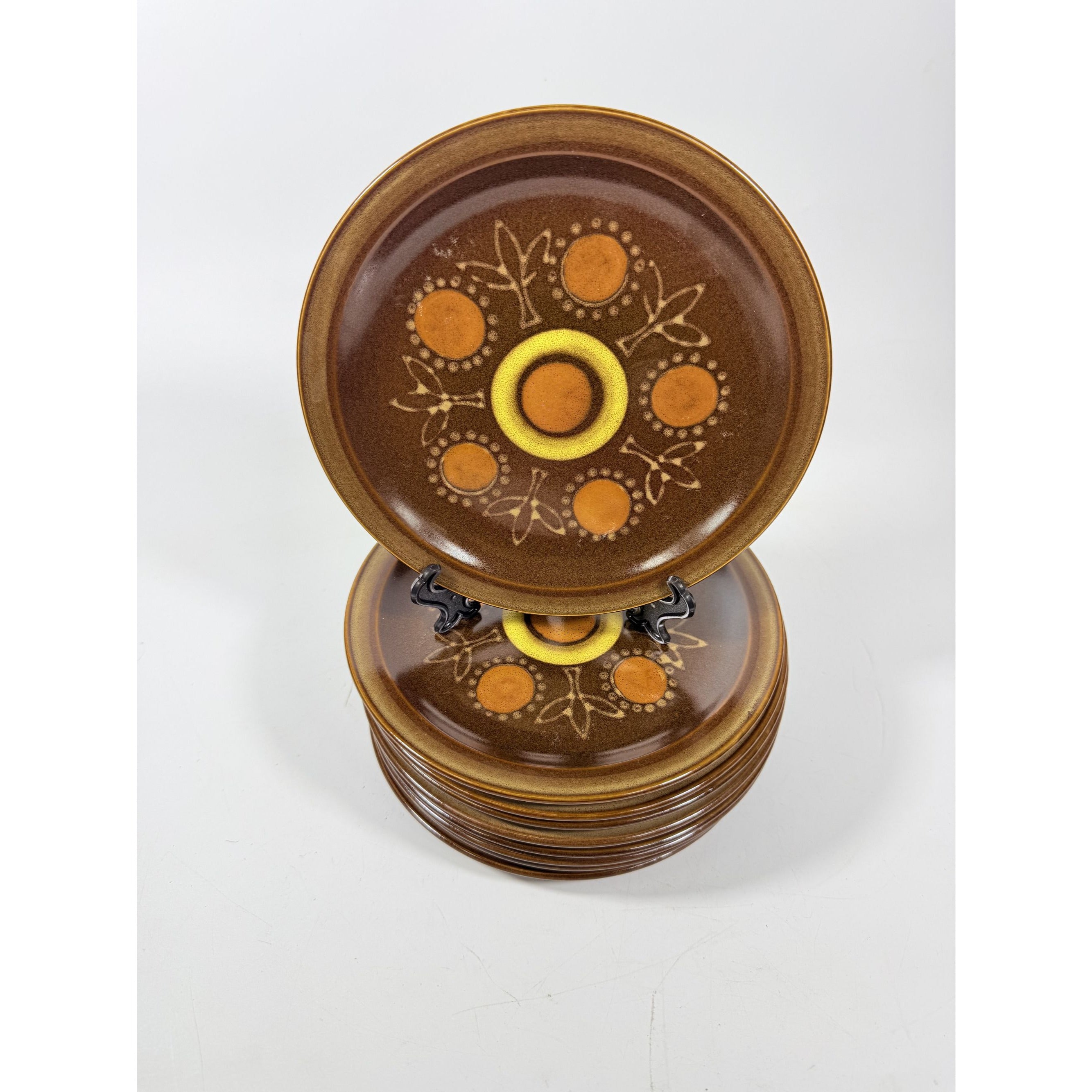 Stoneware Salad Plates Georges Briard Aztec Set 9 7 5/8" Vintage Mid Century Brown Orange Replacement China Kitschy Japan Muted Earthtones