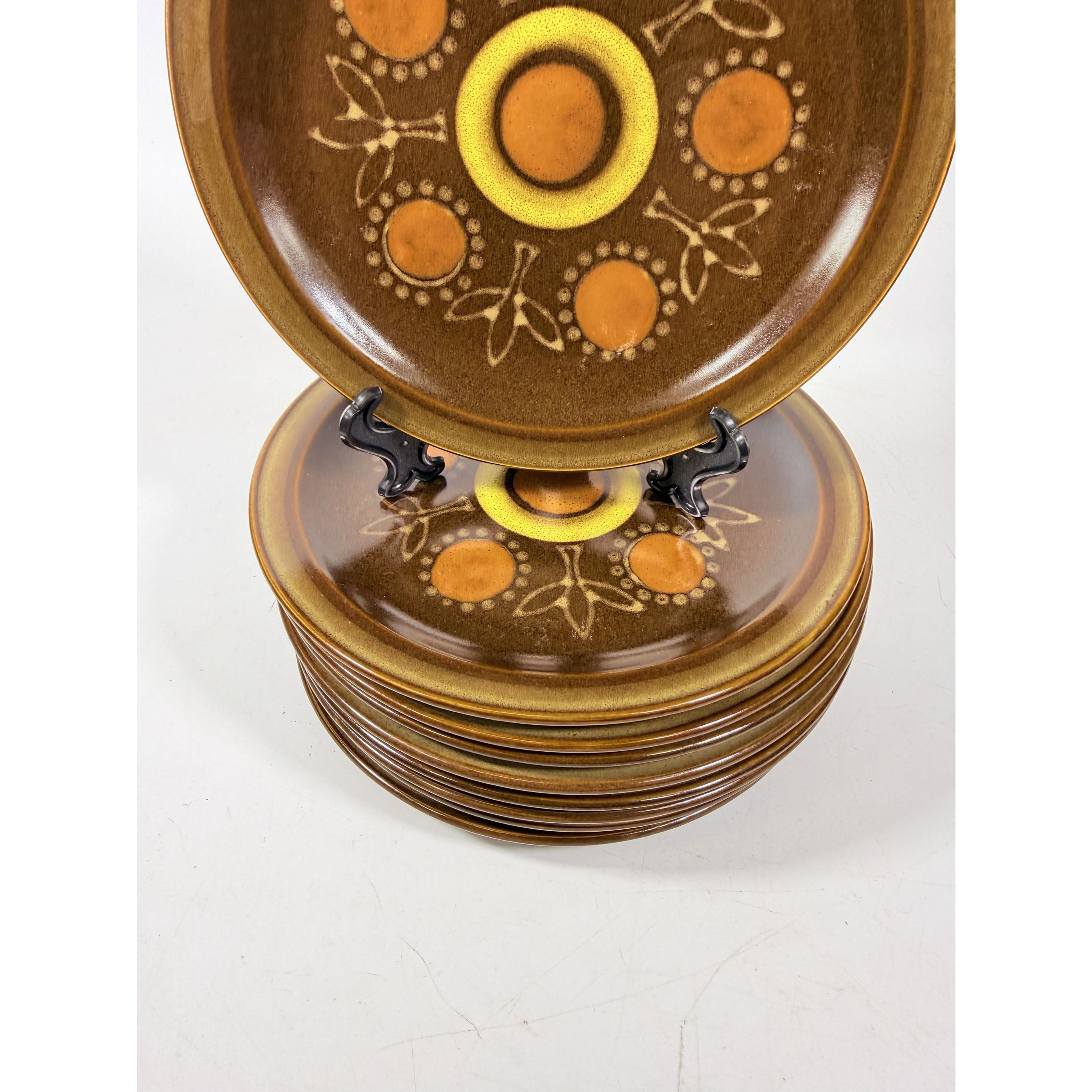 Stoneware Salad Plates Georges Briard Aztec Set 9 7 5/8" Vintage Mid Century Brown Orange Replacement China Kitschy Japan Muted Earthtones