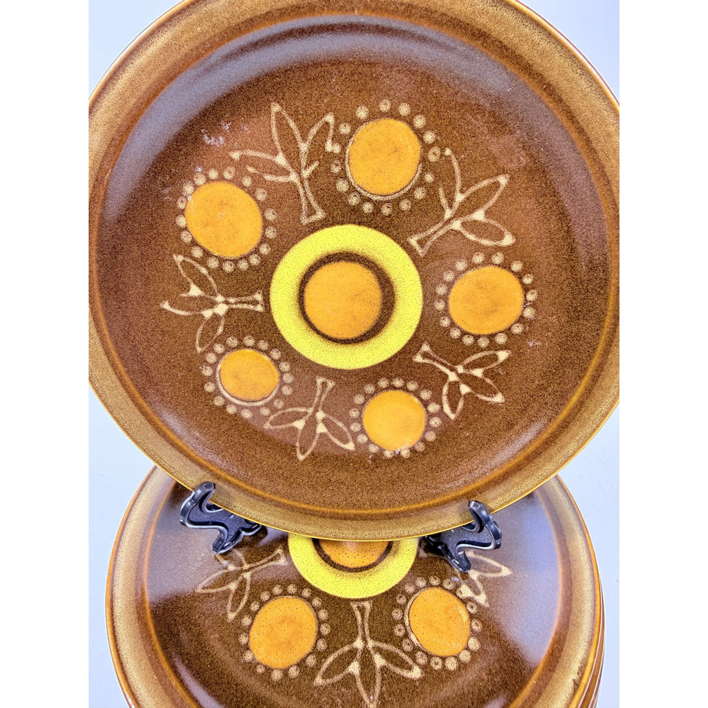 Stoneware Salad Plates Georges Briard Aztec Set 9 7 5/8" Vintage Mid Century Brown Orange Replacement China Kitschy Japan Muted Earthtones