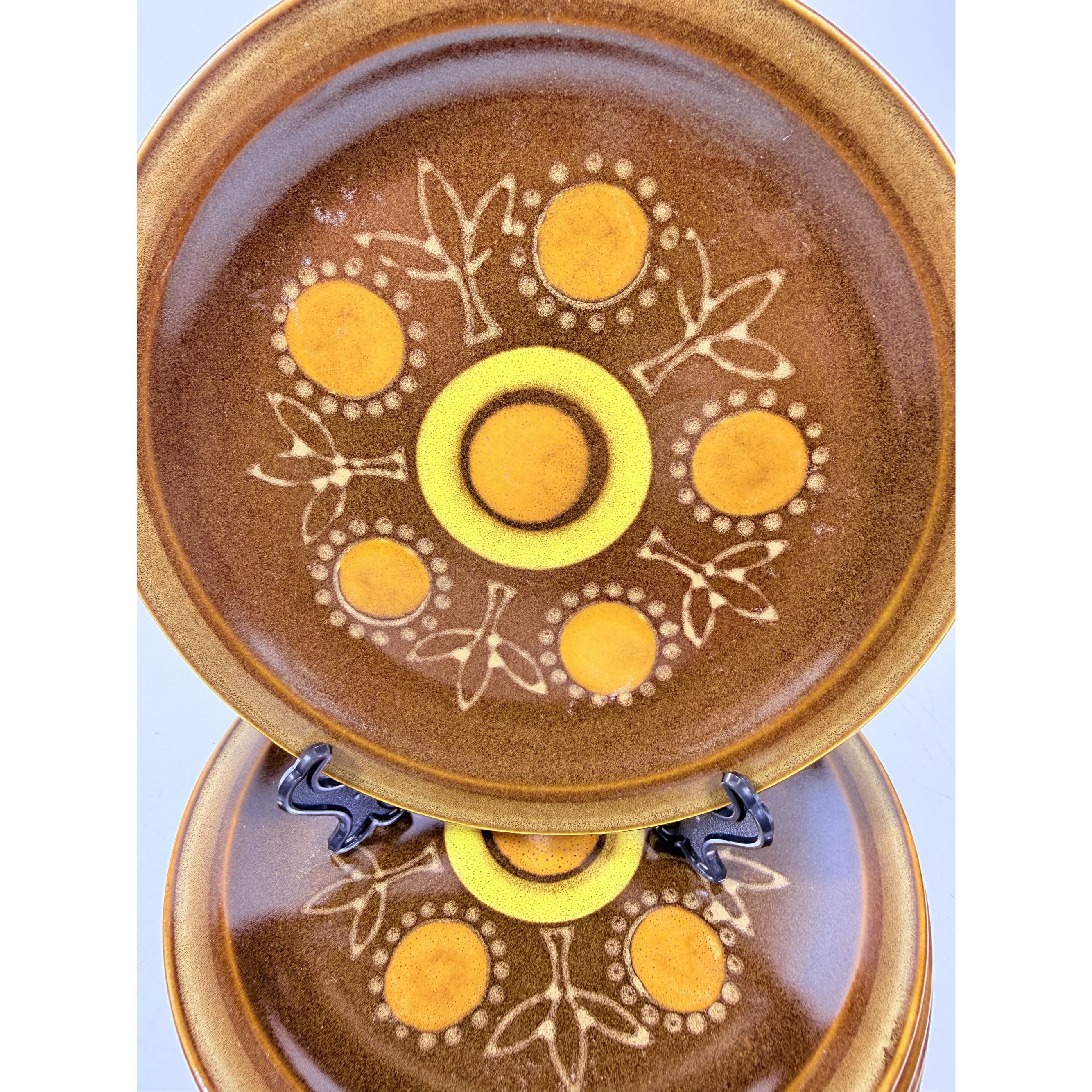 Stoneware Salad Plates Georges Briard Aztec Set 9 7 5/8" Vintage Mid Century Brown Orange Replacement China Kitschy Japan Muted Earthtones