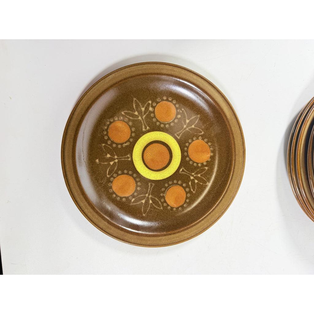 Stoneware Salad Plates Georges Briard Aztec Set 9 7 5/8" Vintage Mid Century Brown Orange Replacement China Kitschy Japan Muted Earthtones