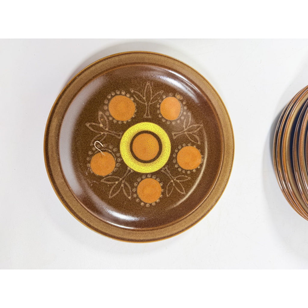 Stoneware Salad Plates Georges Briard Aztec Set 9 7 5/8" Vintage Mid Century Brown Orange Replacement China Kitschy Japan Muted Earthtones