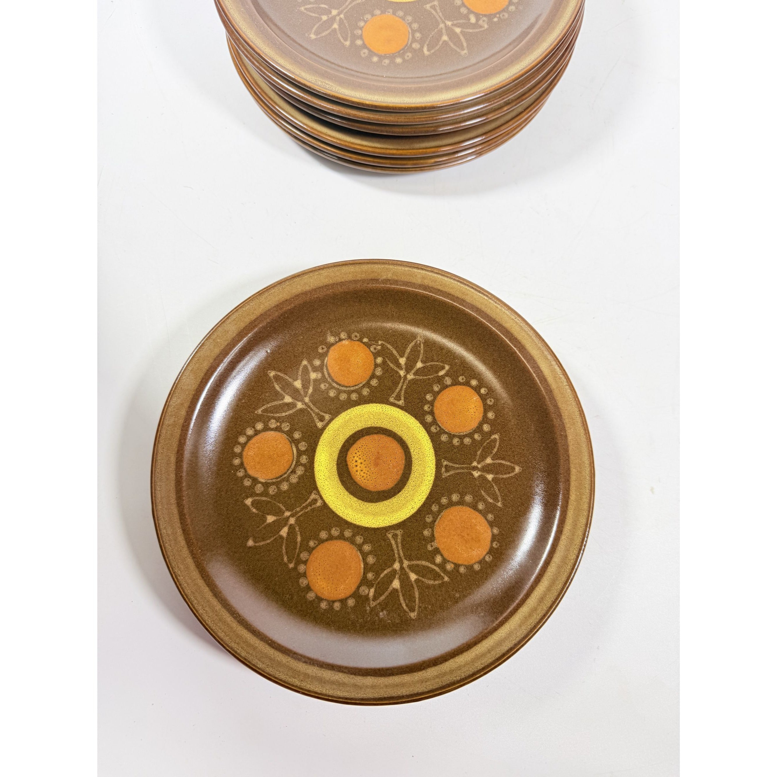 Stoneware Salad Plates Georges Briard Aztec Set 9 7 5/8" Vintage Mid Century Brown Orange Replacement China Kitschy Japan Muted Earthtones