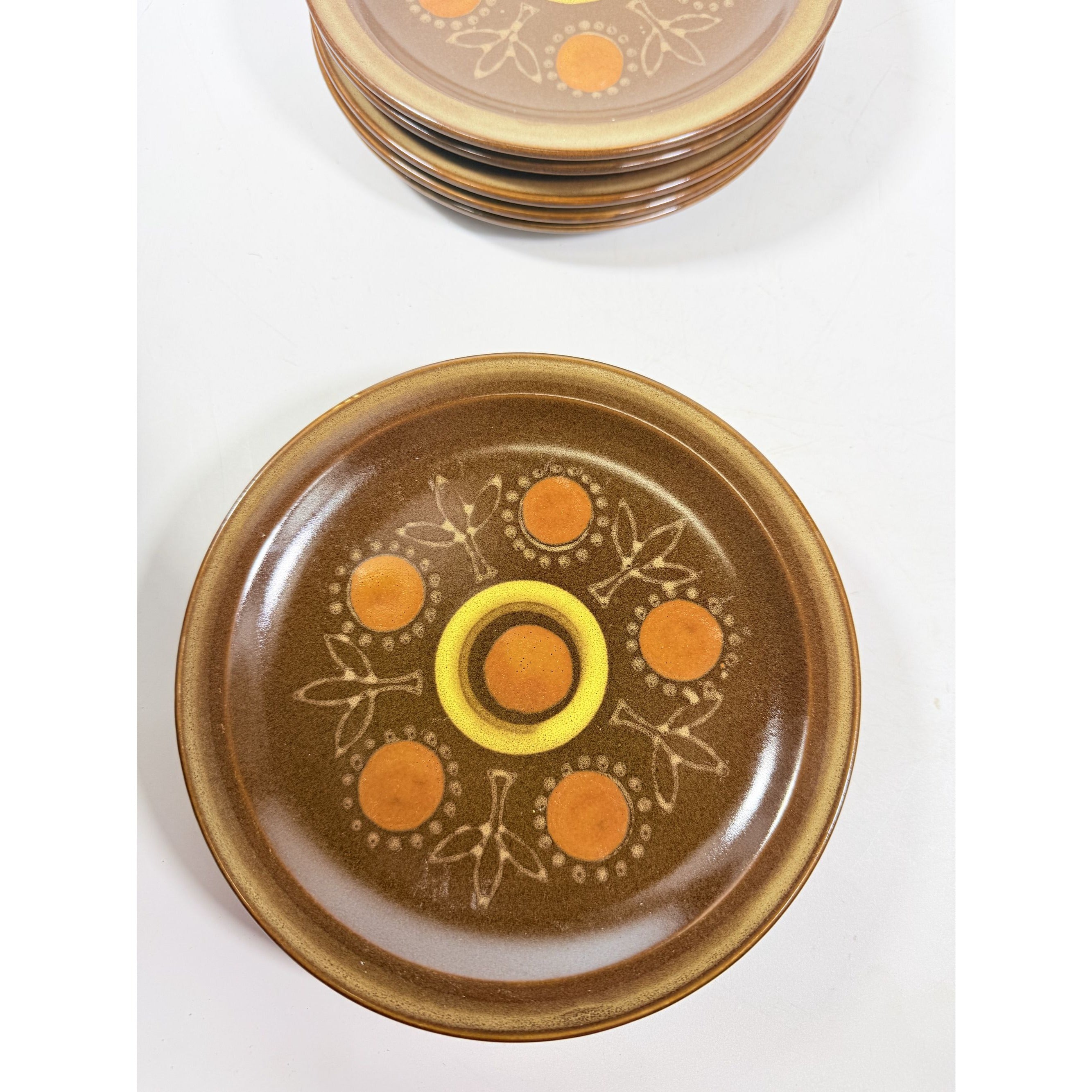 Stoneware Salad Plates Georges Briard Aztec Set 9 7 5/8" Vintage Mid Century Brown Orange Replacement China Kitschy Japan Muted Earthtones