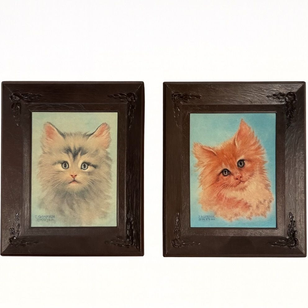 Pair Framed Cat Prints Art Vintage Artist Florence Kroger Mid Century Kittens Nu Dell Corp Frame Plastic No Glass Wall Shelf Art Home Decor