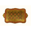 Italian Florentine Tray: Gilt Wooden Serving Platter Burgandy Pink Green & Gold Floral Italy Traditional Platter Handled Patina Classic
