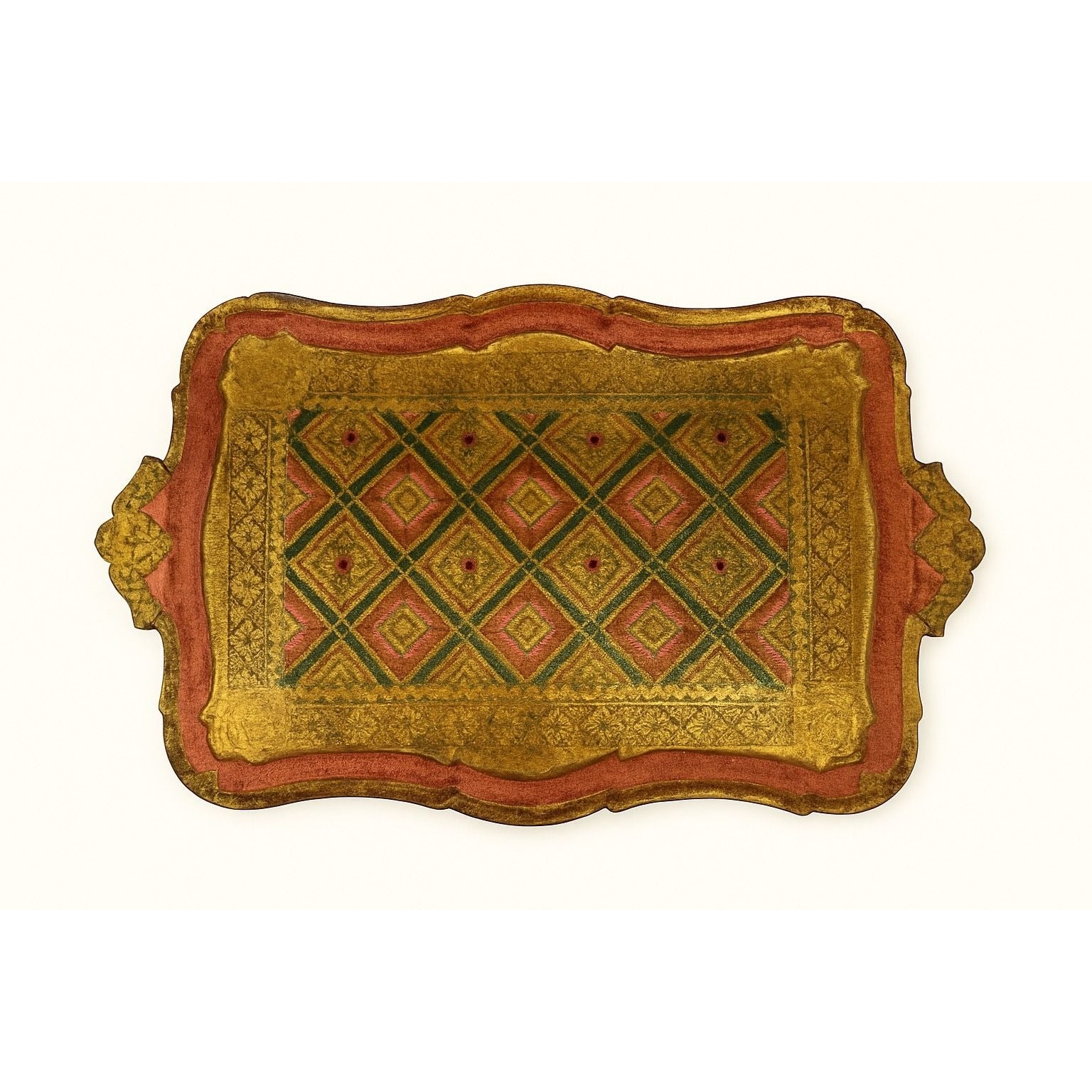 Italian Florentine Tray: Gilt Wooden Serving Platter Burgandy Pink Green & Gold Floral Italy Traditional Platter Handled Patina Classic