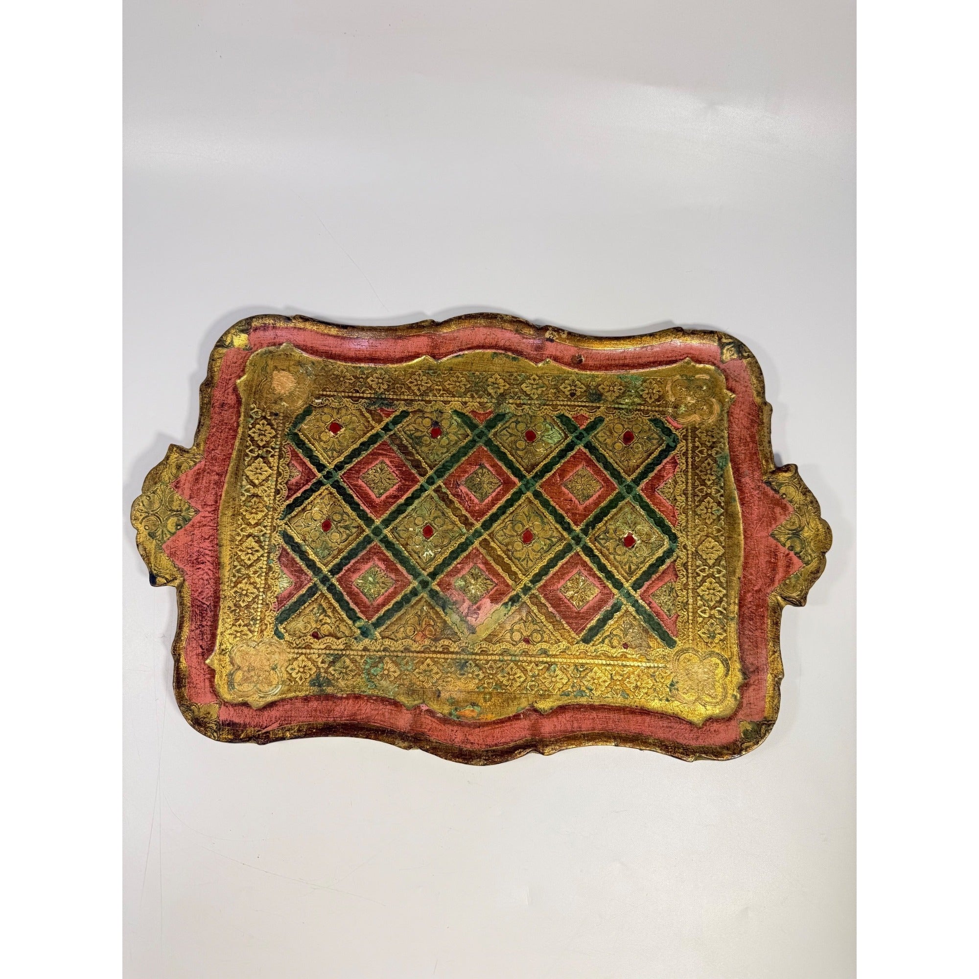 Italian Florentine Tray: Gilt Wooden Serving Platter Burgandy Pink Green & Gold Floral Italy Traditional Platter Handled Patina Classic
