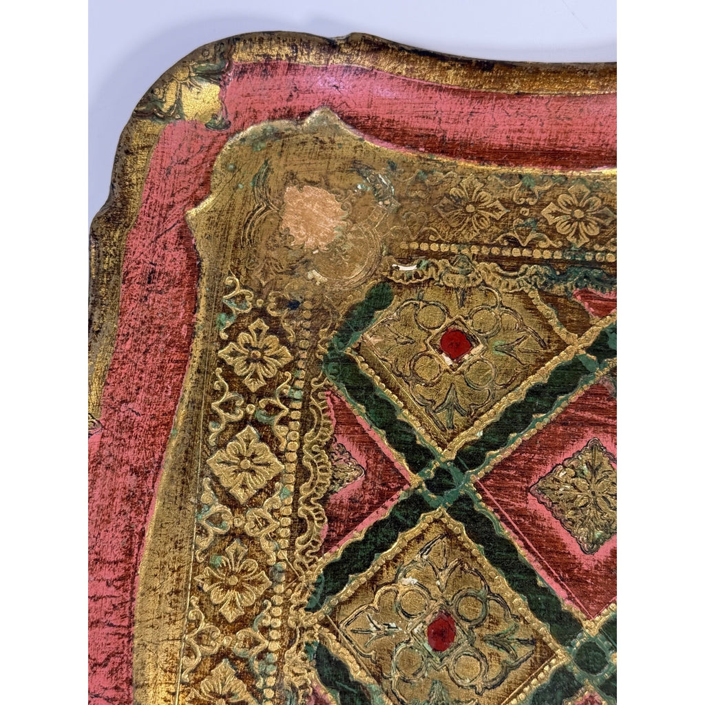Italian Florentine Tray: Gilt Wooden Serving Platter Burgandy Pink Green & Gold Floral Italy Traditional Platter Handled Patina Classic