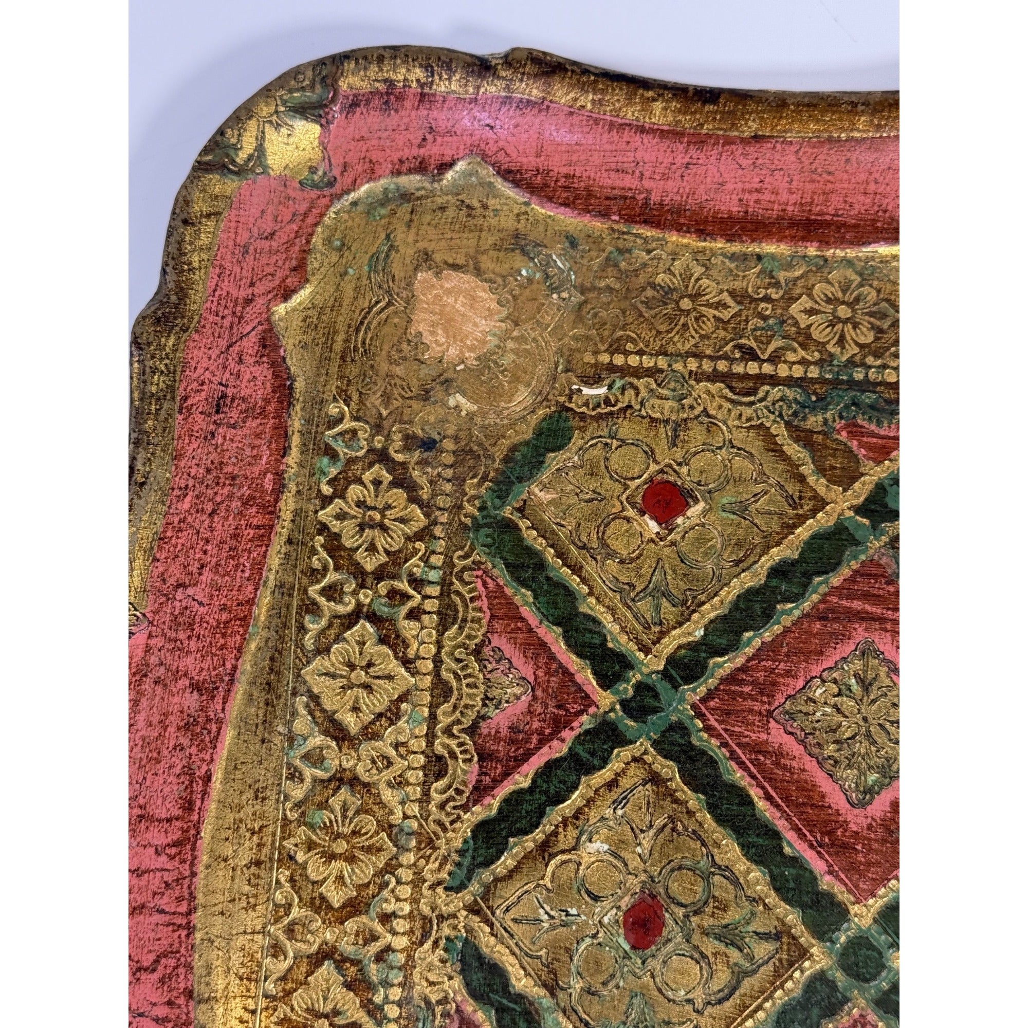 Italian Florentine Tray: Gilt Wooden Serving Platter Burgandy Pink Green & Gold Floral Italy Traditional Platter Handled Patina Classic