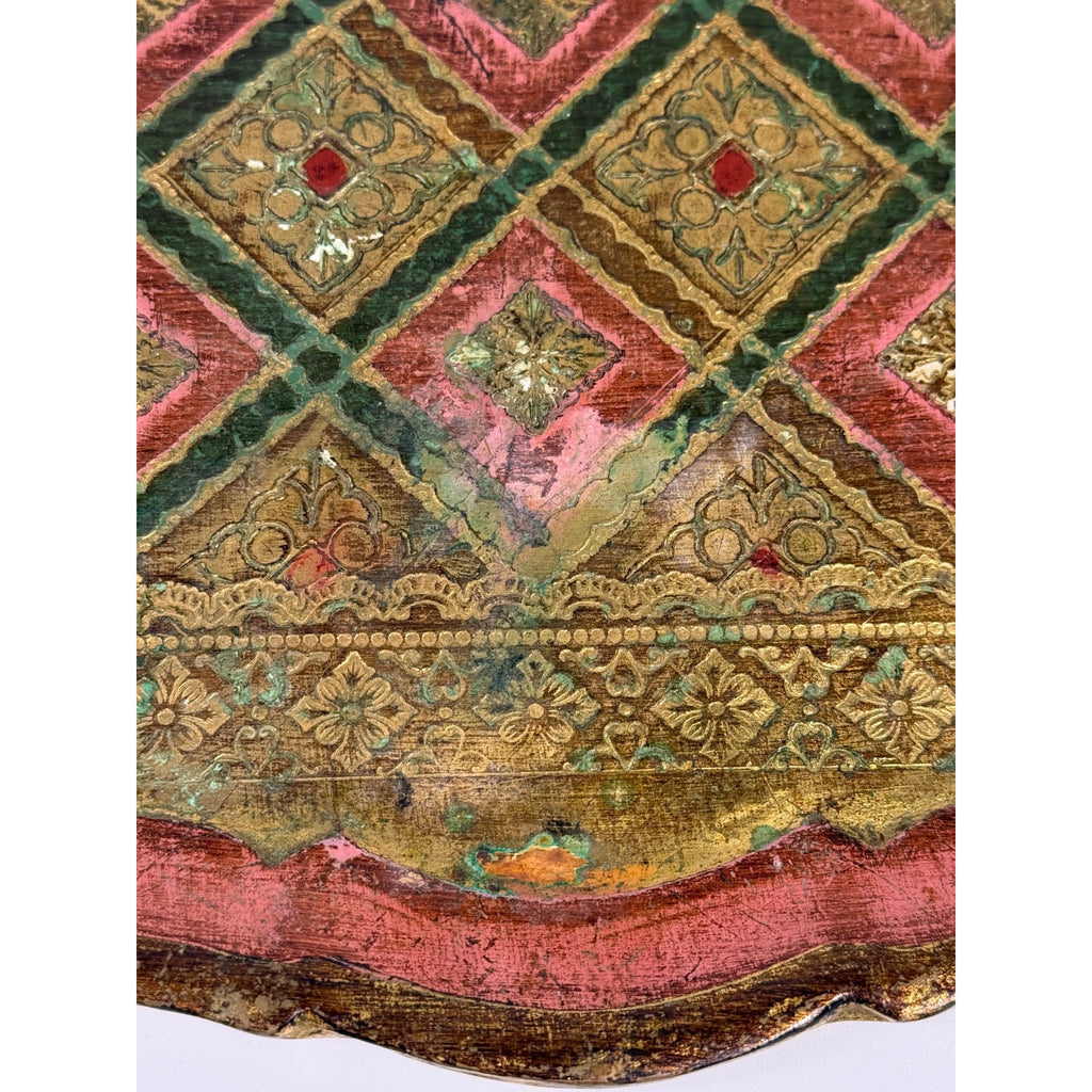 Italian Florentine Tray: Gilt Wooden Serving Platter Burgandy Pink Green & Gold Floral Italy Traditional Platter Handled Patina Classic