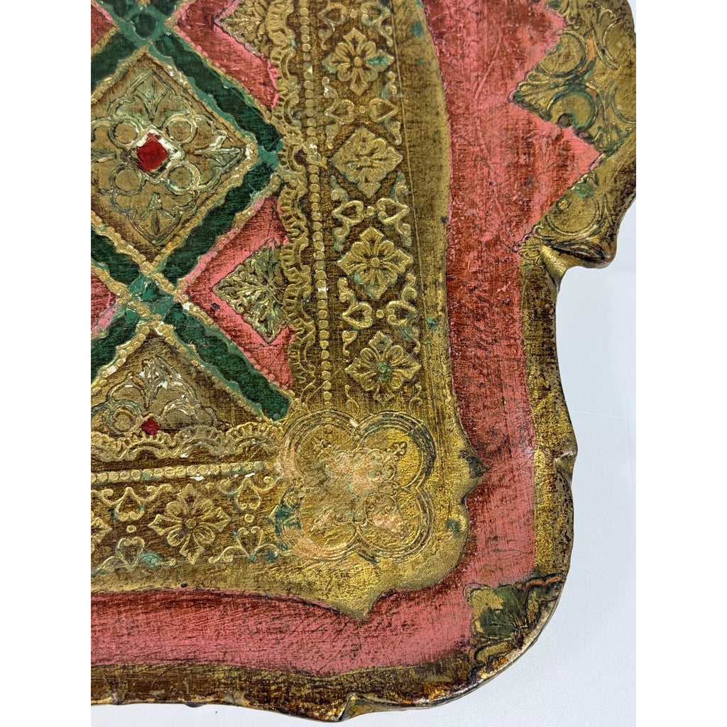 Italian Florentine Tray: Gilt Wooden Serving Platter Burgandy Pink Green & Gold Floral Italy Traditional Platter Handled Patina Classic