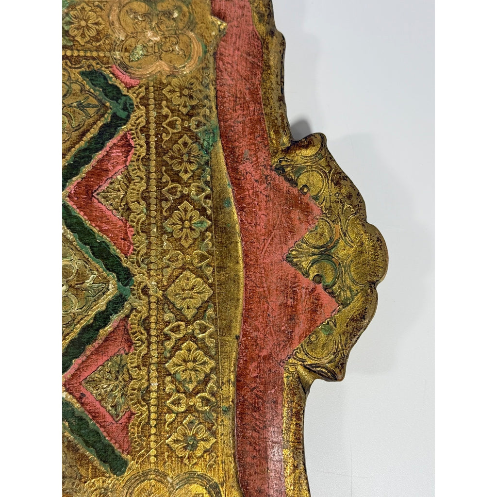 Italian Florentine Tray: Gilt Wooden Serving Platter Burgandy Pink Green & Gold Floral Italy Traditional Platter Handled Patina Classic