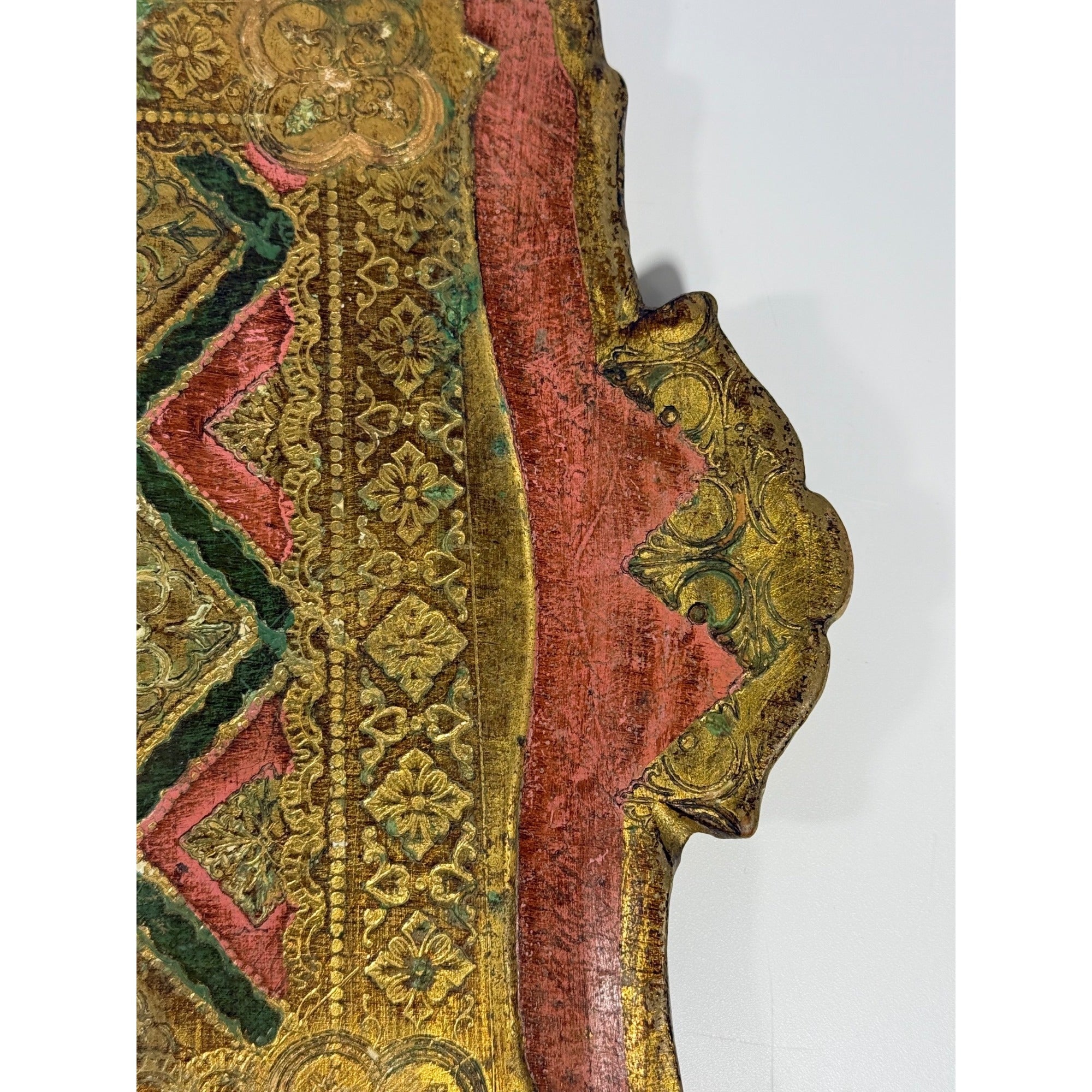 Italian Florentine Tray: Gilt Wooden Serving Platter Burgandy Pink Green & Gold Floral Italy Traditional Platter Handled Patina Classic