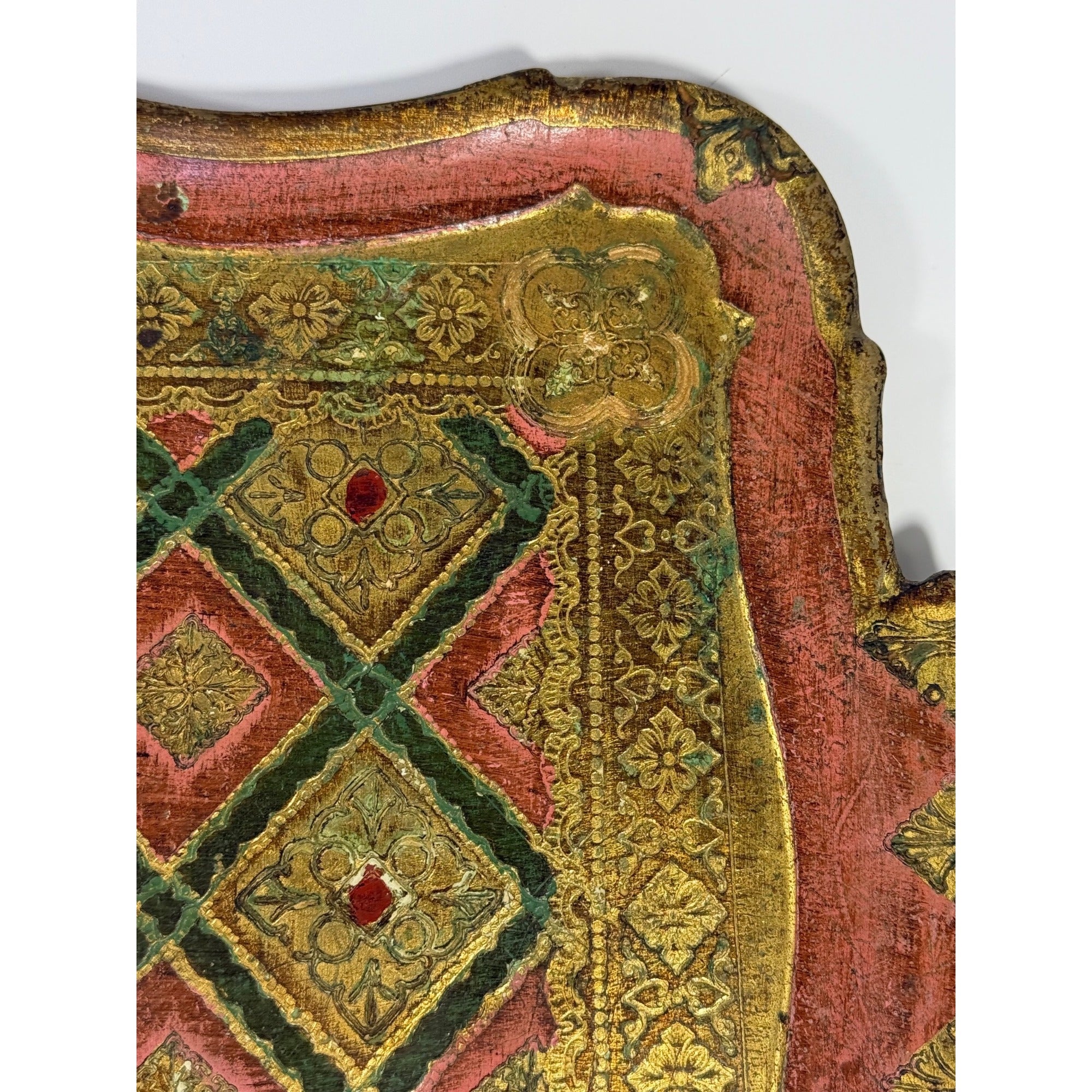 Italian Florentine Tray: Gilt Wooden Serving Platter Burgandy Pink Green & Gold Floral Italy Traditional Platter Handled Patina Classic