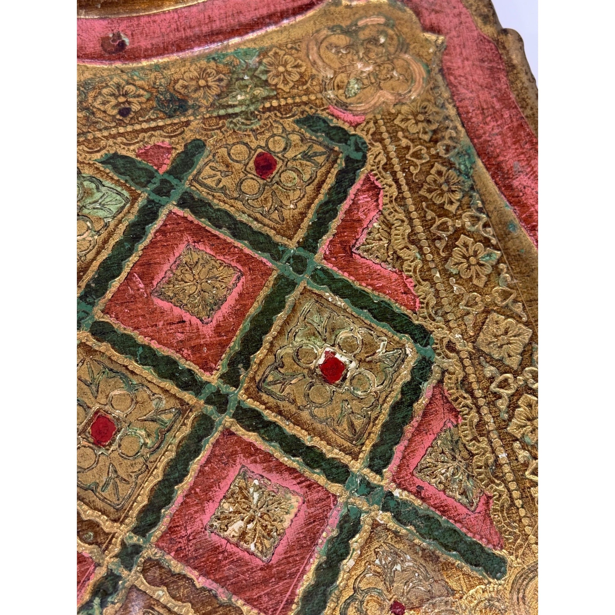 Italian Florentine Tray: Gilt Wooden Serving Platter Burgandy Pink Green & Gold Floral Italy Traditional Platter Handled Patina Classic