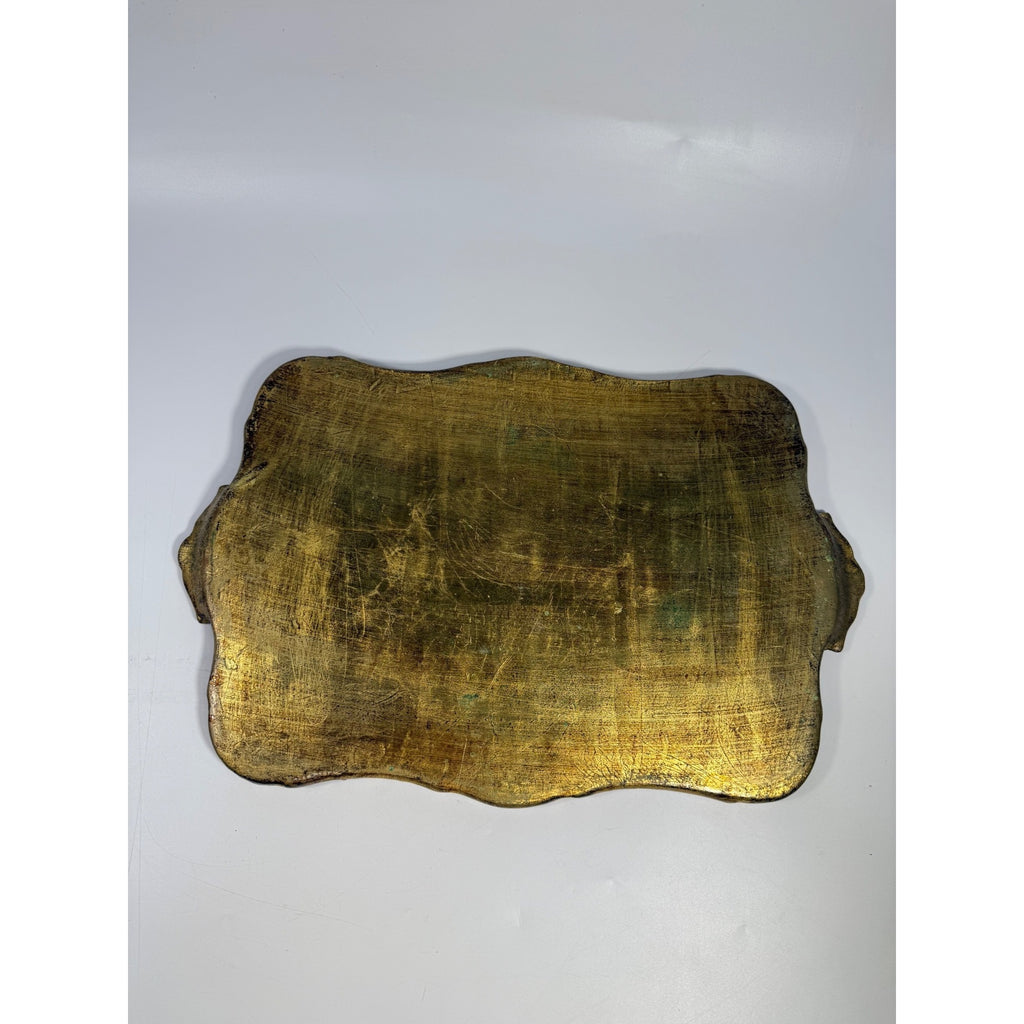 Italian Florentine Tray: Gilt Wooden Serving Platter Burgandy Pink Green & Gold Floral Italy Traditional Platter Handled Patina Classic