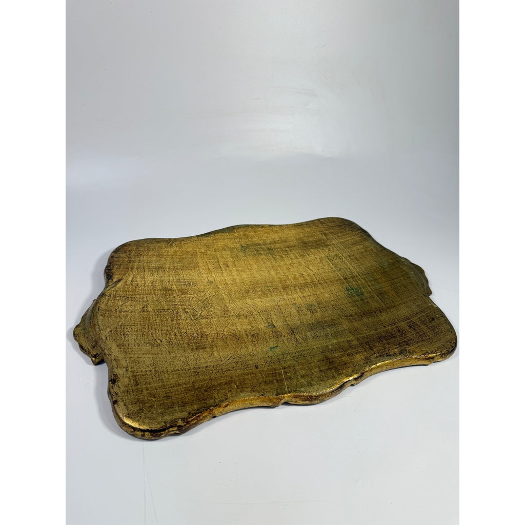 Italian Florentine Tray: Gilt Wooden Serving Platter Burgandy Pink Green & Gold Floral Italy Traditional Platter Handled Patina Classic