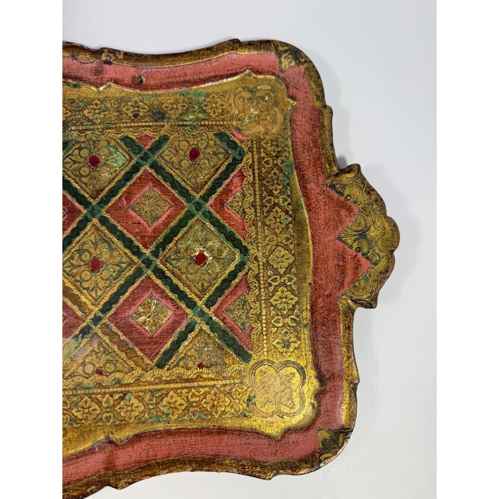 Italian Florentine Tray: Gilt Wooden Serving Platter Burgandy Pink Green & Gold Floral Italy Traditional Platter Handled Patina Classic