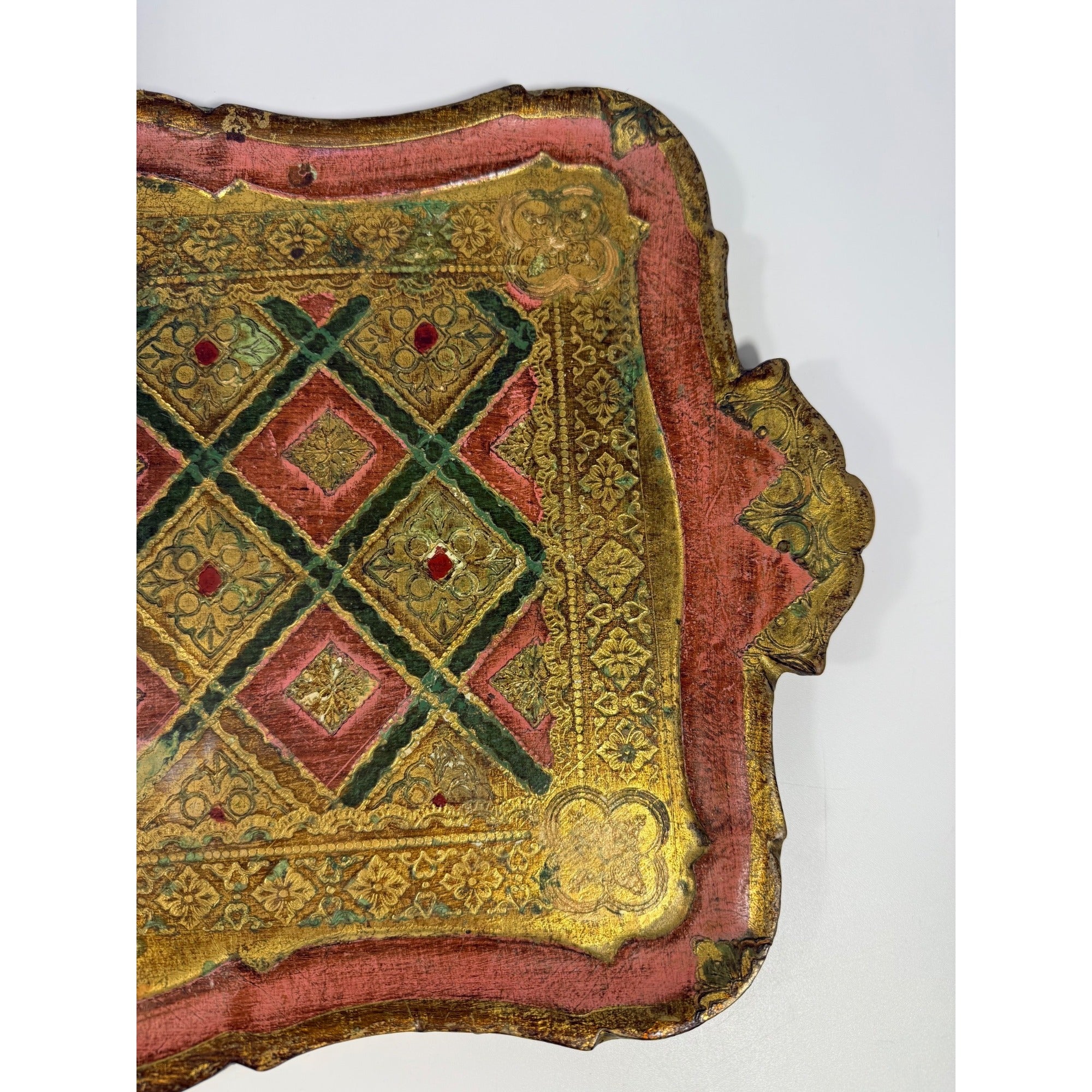 Italian Florentine Tray: Gilt Wooden Serving Platter Burgandy Pink Green & Gold Floral Italy Traditional Platter Handled Patina Classic