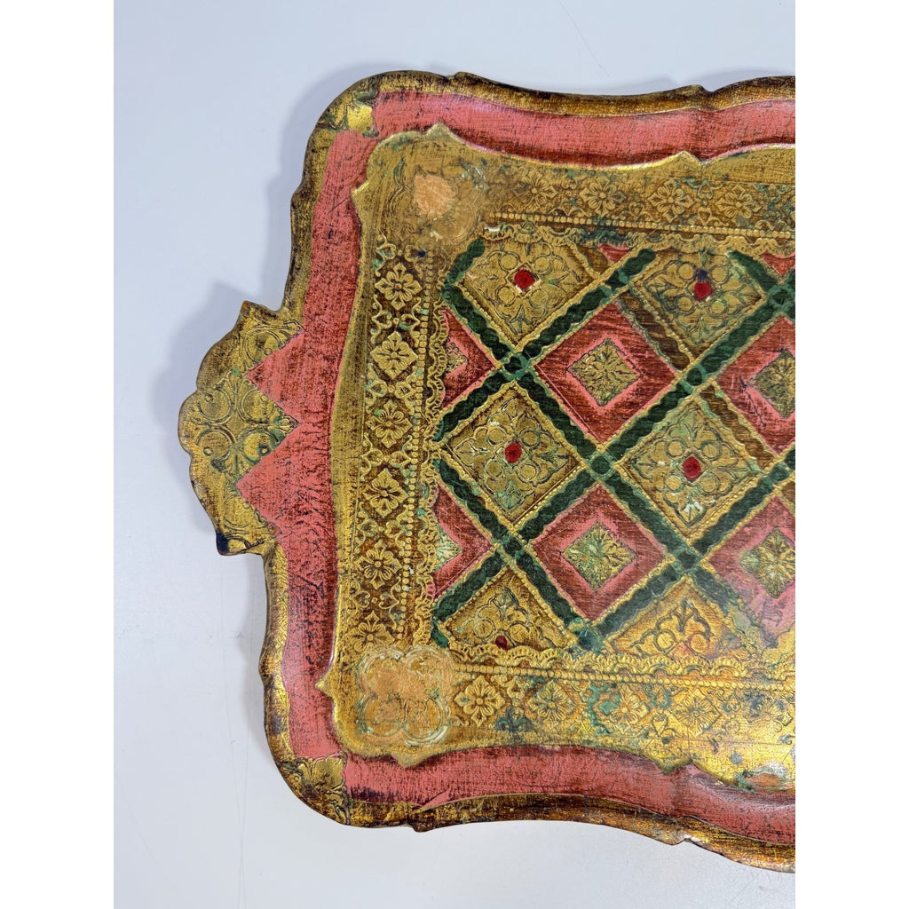 Italian Florentine Tray: Gilt Wooden Serving Platter Burgandy Pink Green & Gold Floral Italy Traditional Platter Handled Patina Classic