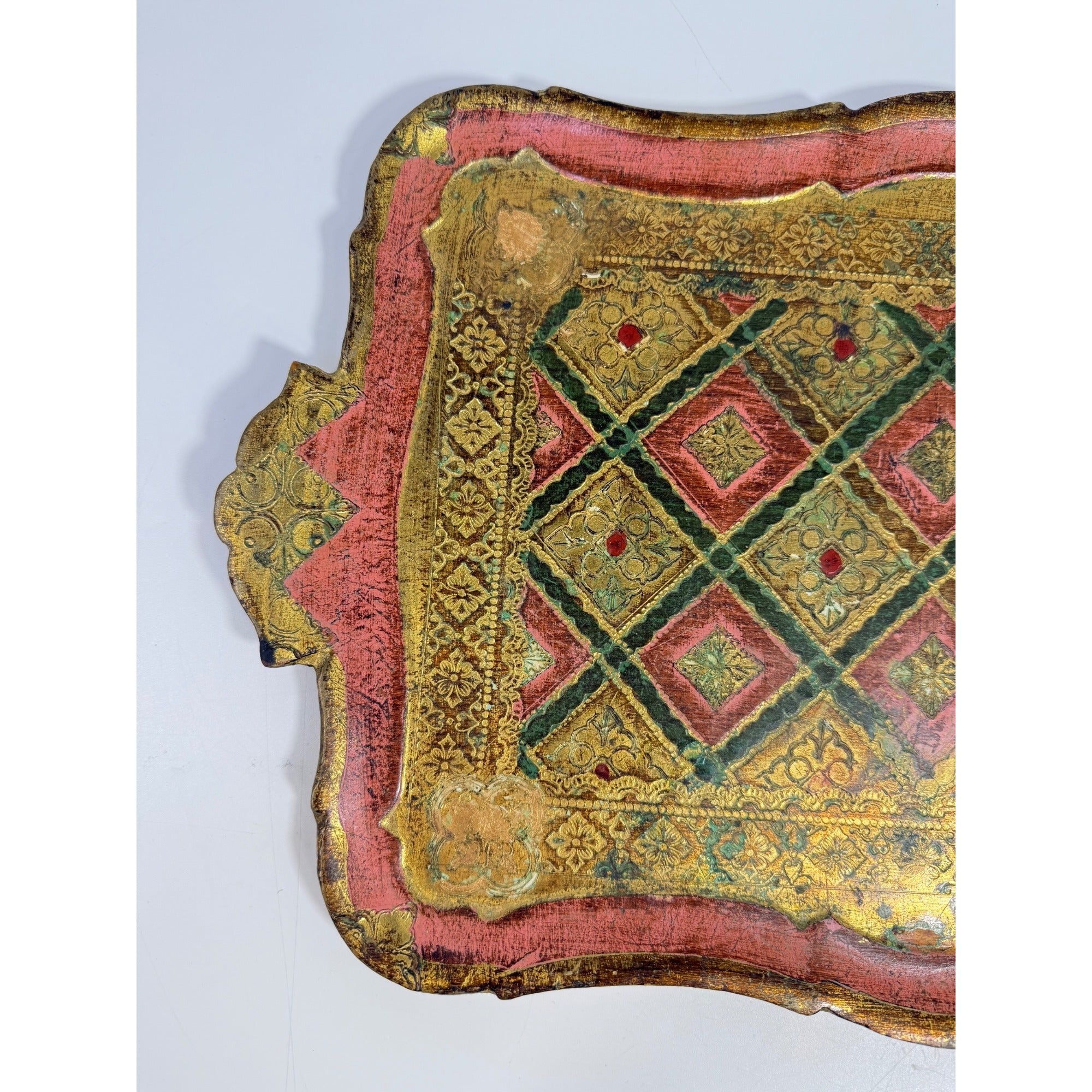 Italian Florentine Tray: Gilt Wooden Serving Platter Burgandy Pink Green & Gold Floral Italy Traditional Platter Handled Patina Classic