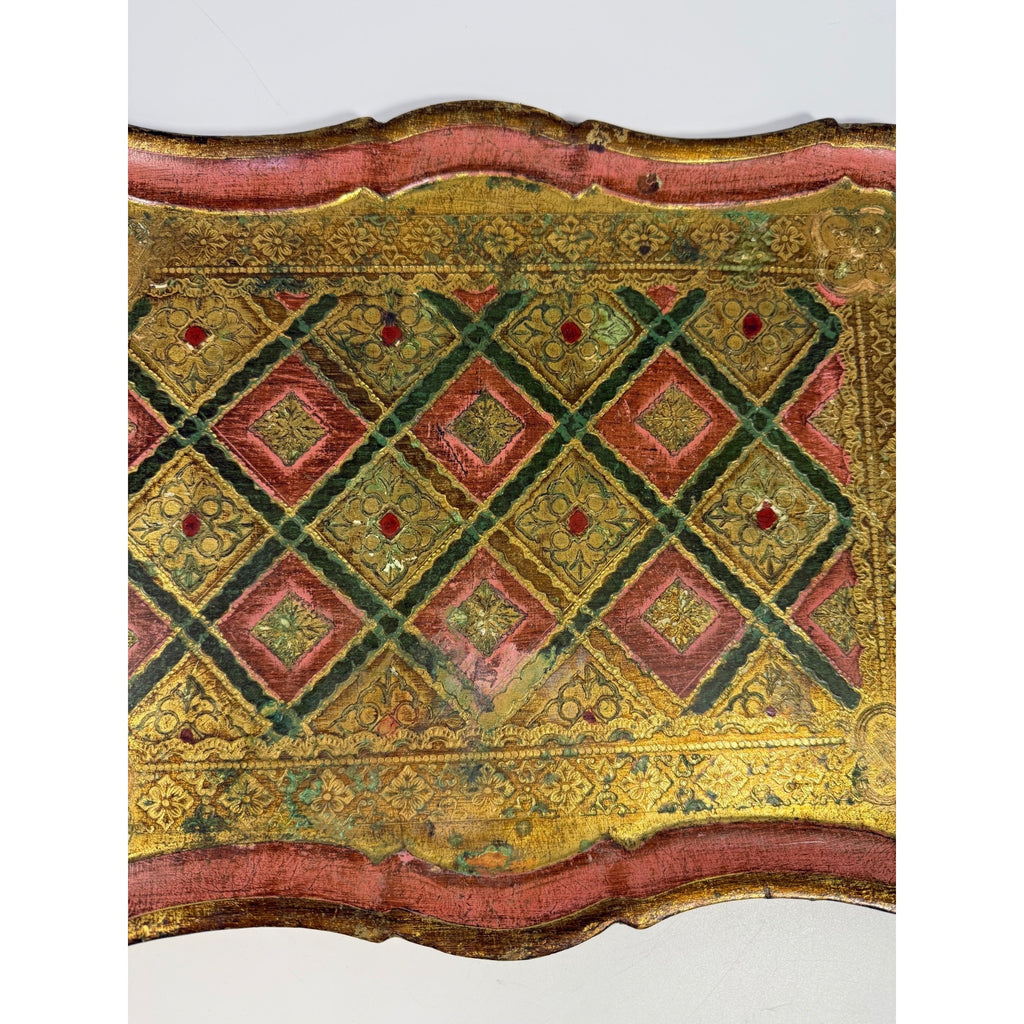 Italian Florentine Tray: Gilt Wooden Serving Platter Burgandy Pink Green & Gold Floral Italy Traditional Platter Handled Patina Classic