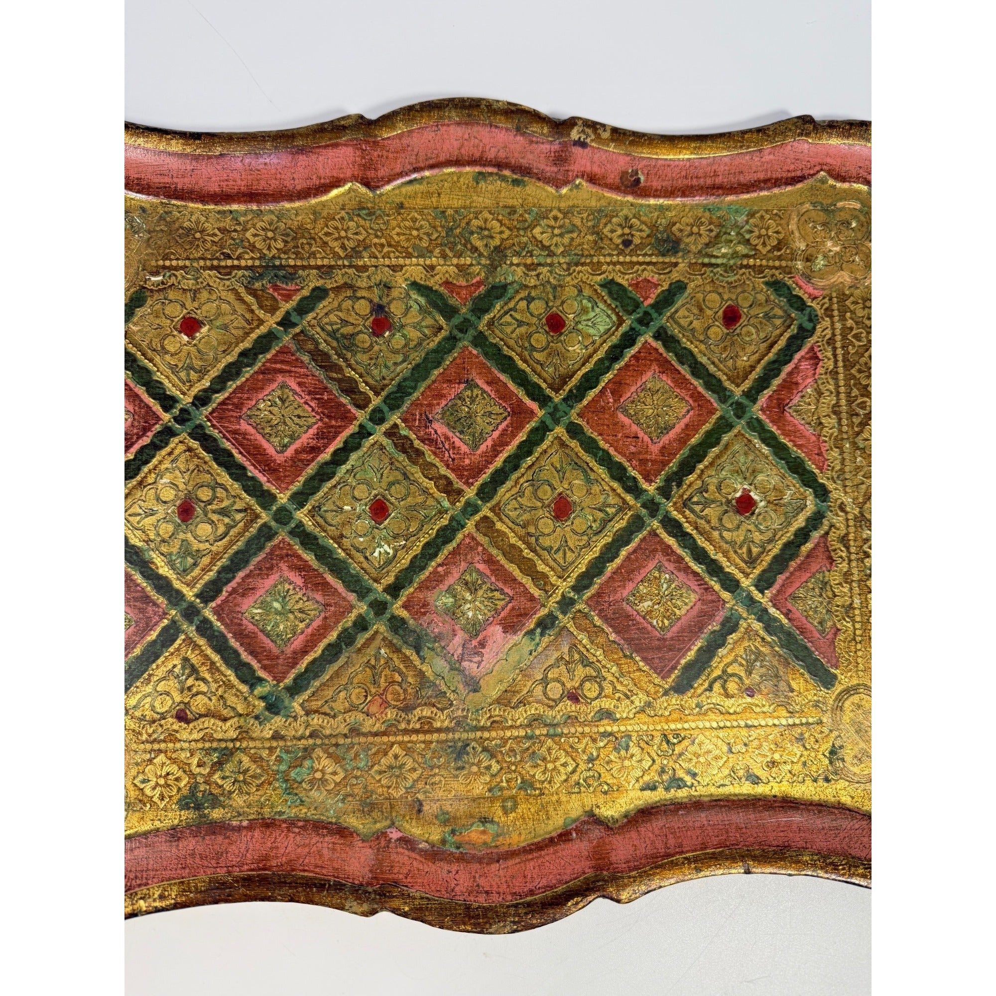 Italian Florentine Tray: Gilt Wooden Serving Platter Burgandy Pink Green & Gold Floral Italy Traditional Platter Handled Patina Classic