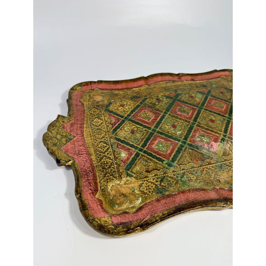 Italian Florentine Tray: Gilt Wooden Serving Platter Burgandy Pink Green & Gold Floral Italy Traditional Platter Handled Patina Classic