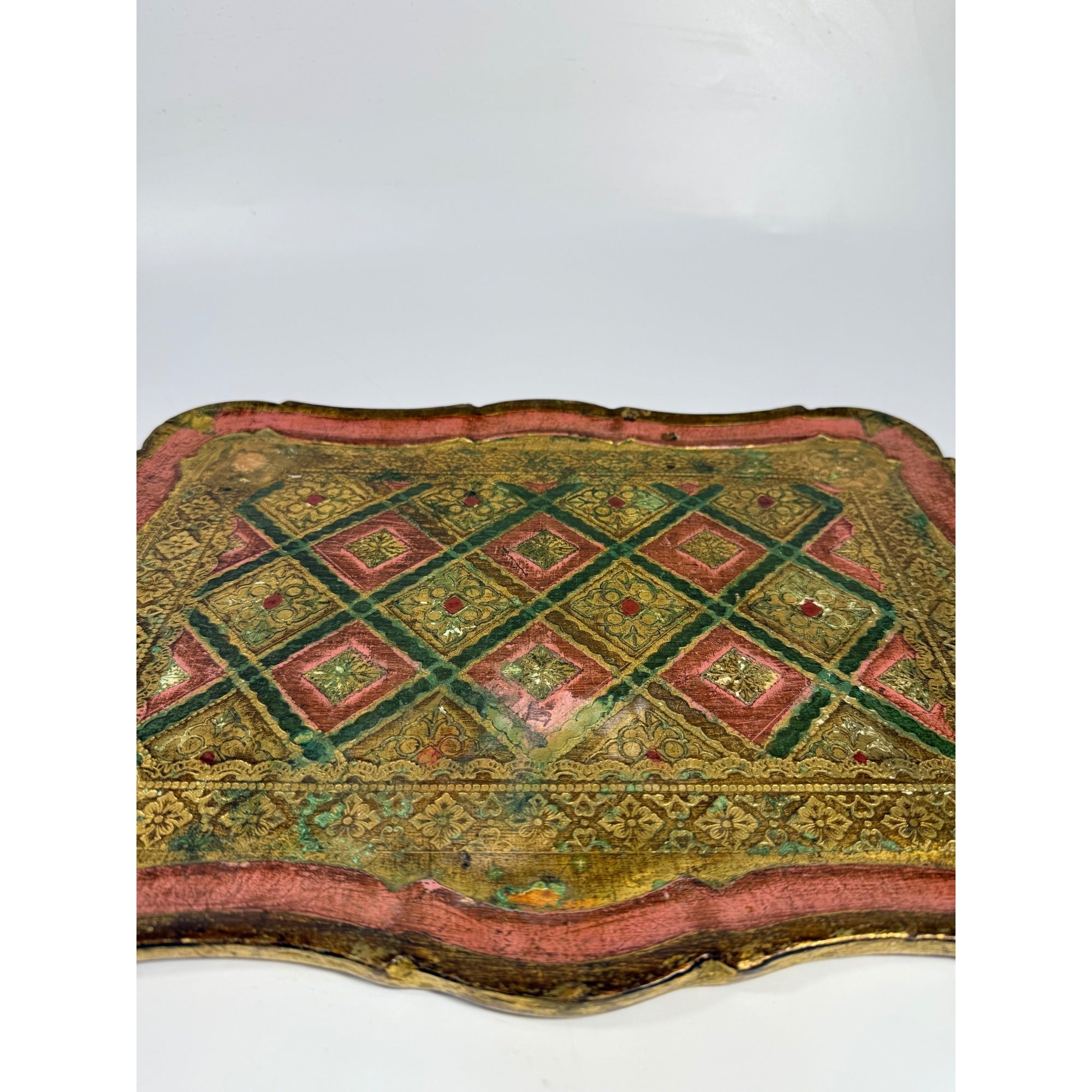 Italian Florentine Tray: Gilt Wooden Serving Platter Burgandy Pink Green & Gold Floral Italy Traditional Platter Handled Patina Classic