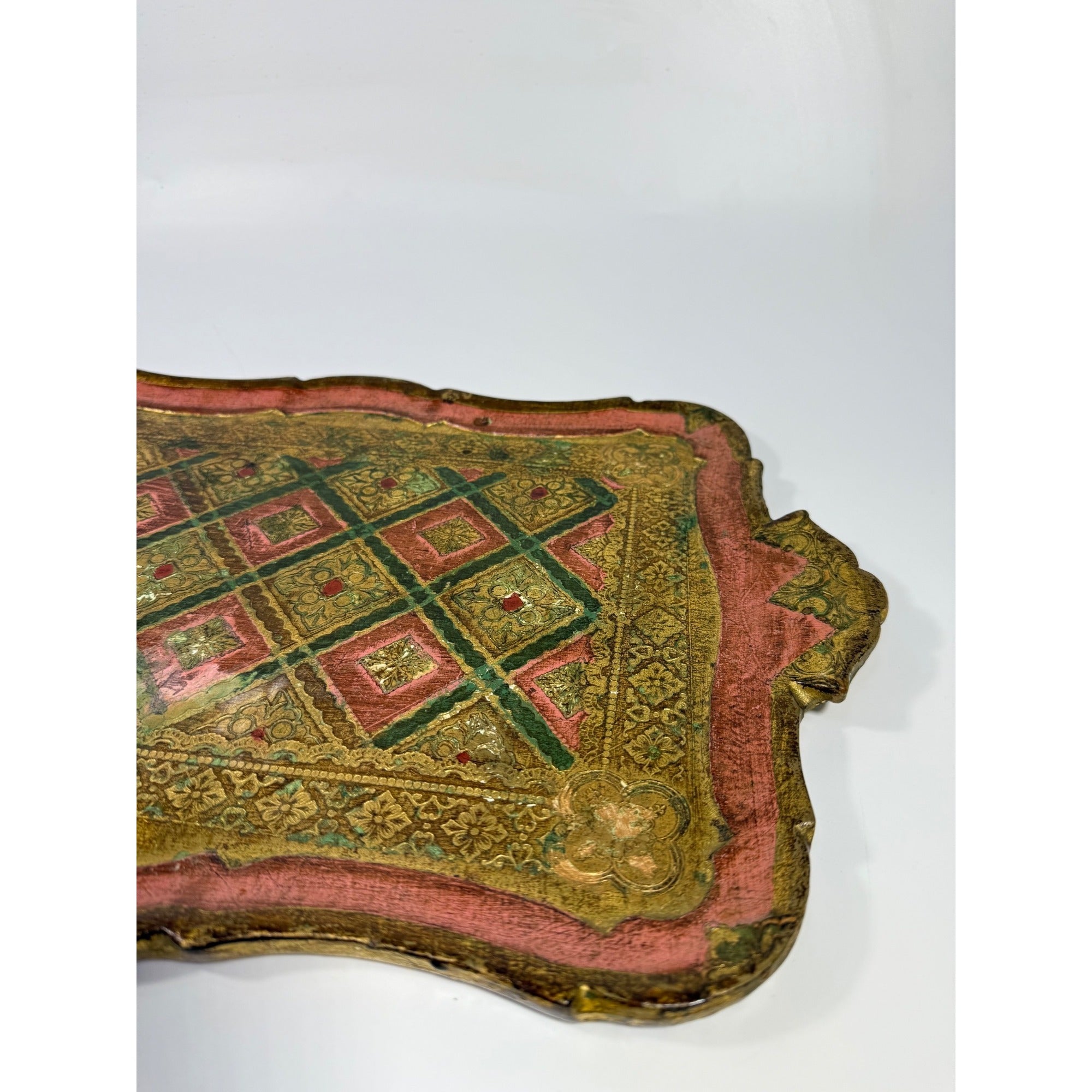 Italian Florentine Tray: Gilt Wooden Serving Platter Burgandy Pink Green & Gold Floral Italy Traditional Platter Handled Patina Classic