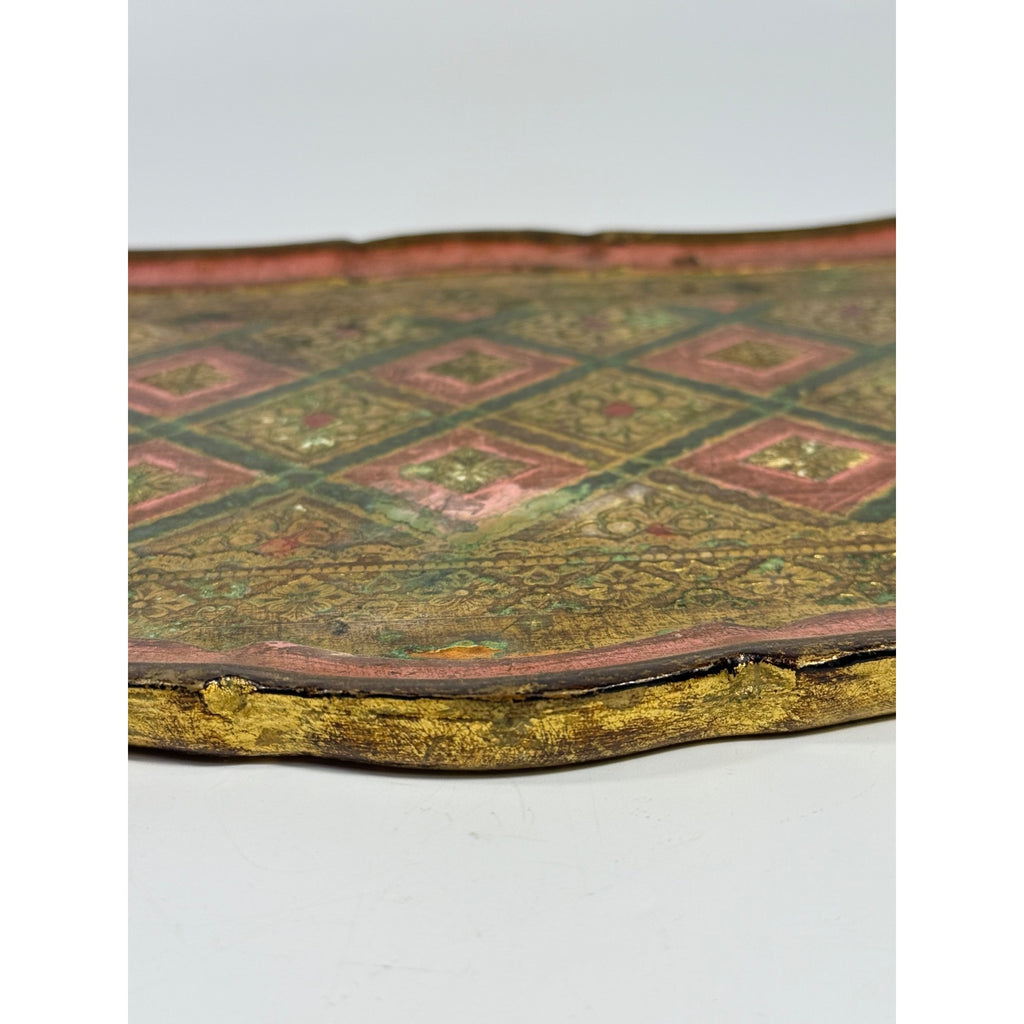 Italian Florentine Tray: Gilt Wooden Serving Platter Burgandy Pink Green & Gold Floral Italy Traditional Platter Handled Patina Classic