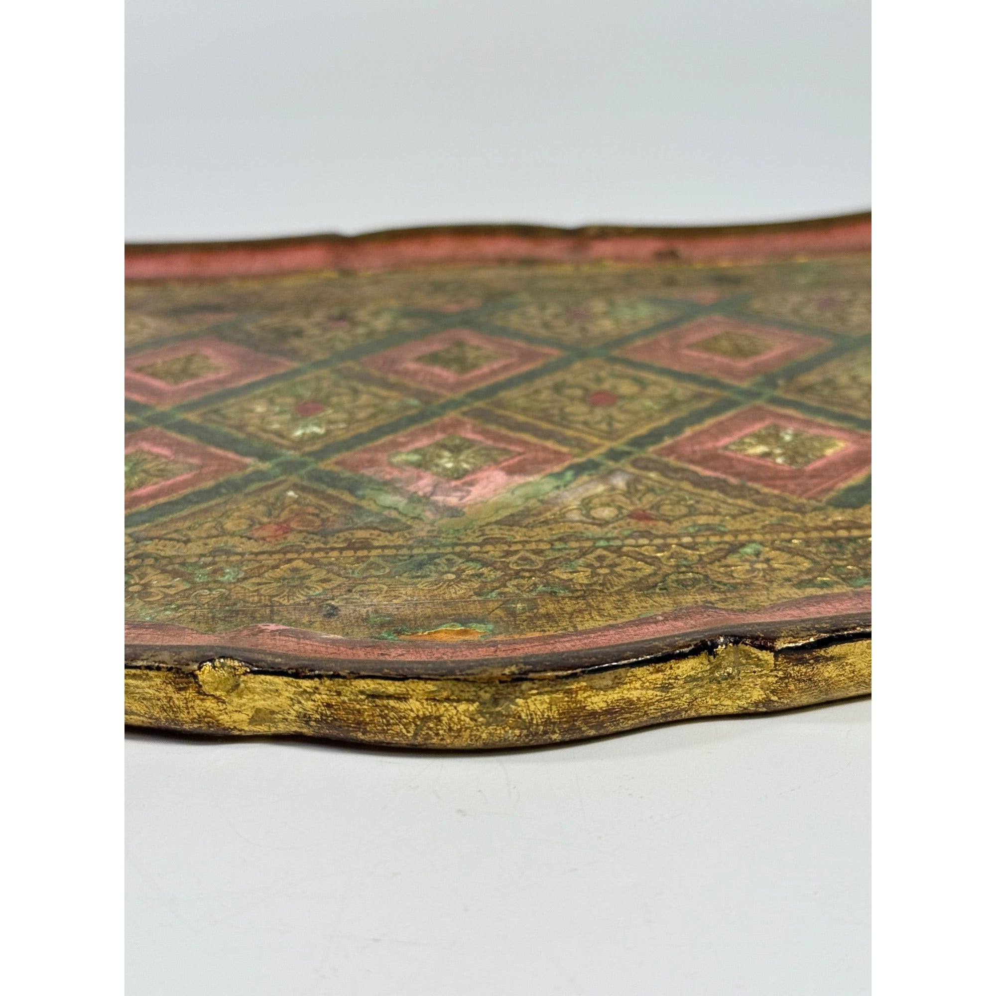 Italian Florentine Tray: Gilt Wooden Serving Platter Burgandy Pink Green & Gold Floral Italy Traditional Platter Handled Patina Classic
