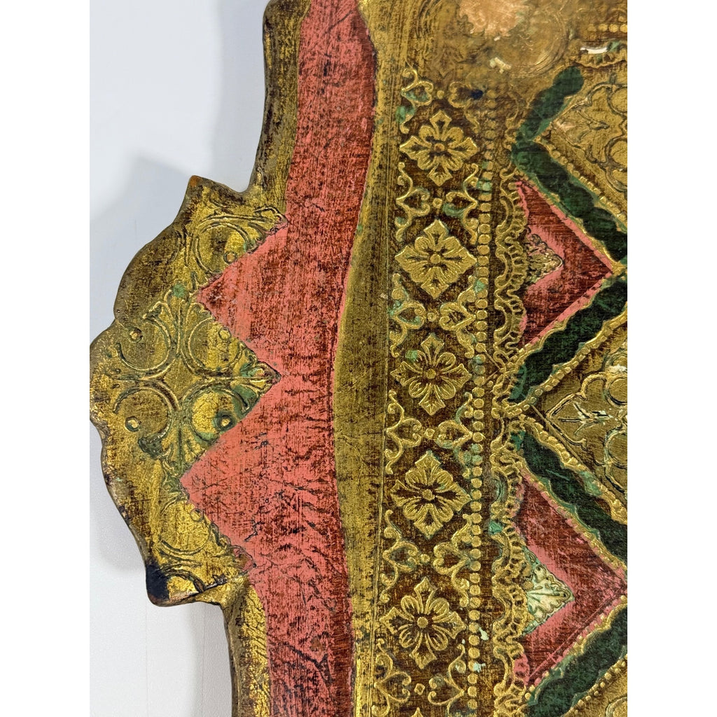 Italian Florentine Tray: Gilt Wooden Serving Platter Burgandy Pink Green & Gold Floral Italy Traditional Platter Handled Patina Classic