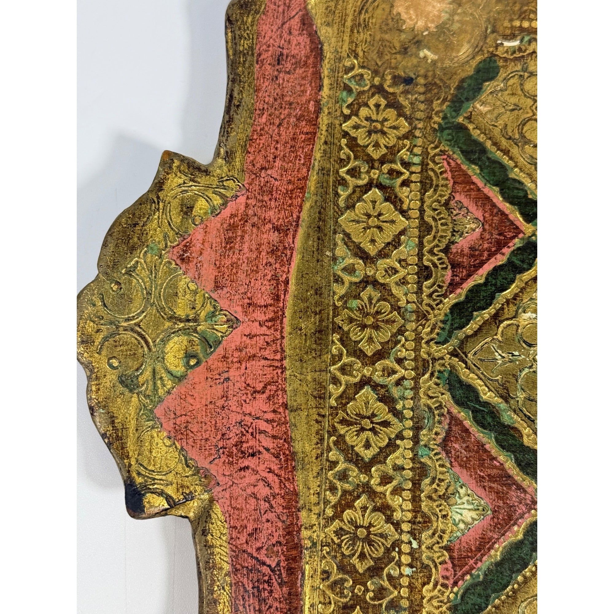 Italian Florentine Tray: Gilt Wooden Serving Platter Burgandy Pink Green & Gold Floral Italy Traditional Platter Handled Patina Classic