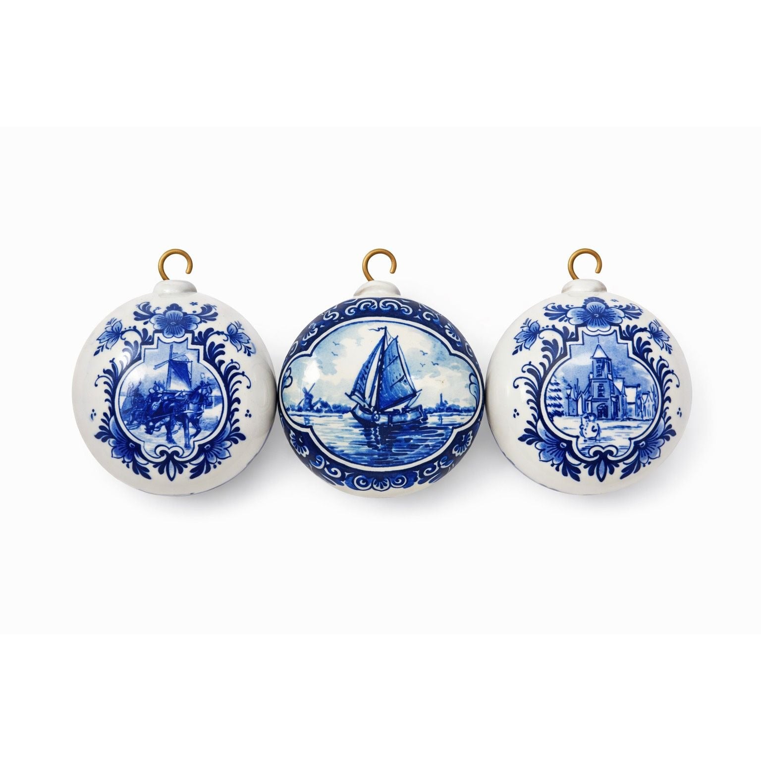 Christmas Ornaments Set 3 Vintage Delft Blue FG Handwork Handpainted Dutch Scenes Round Ball Holland Church Boat Horses Made in Holland