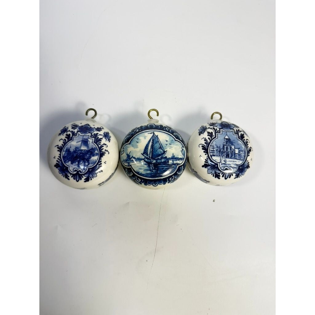 Christmas Ornaments Set 3 Vintage Delft Blue FG Handwork Handpainted Dutch Scenes Round Ball Holland Church Boat Horses Made in Holland