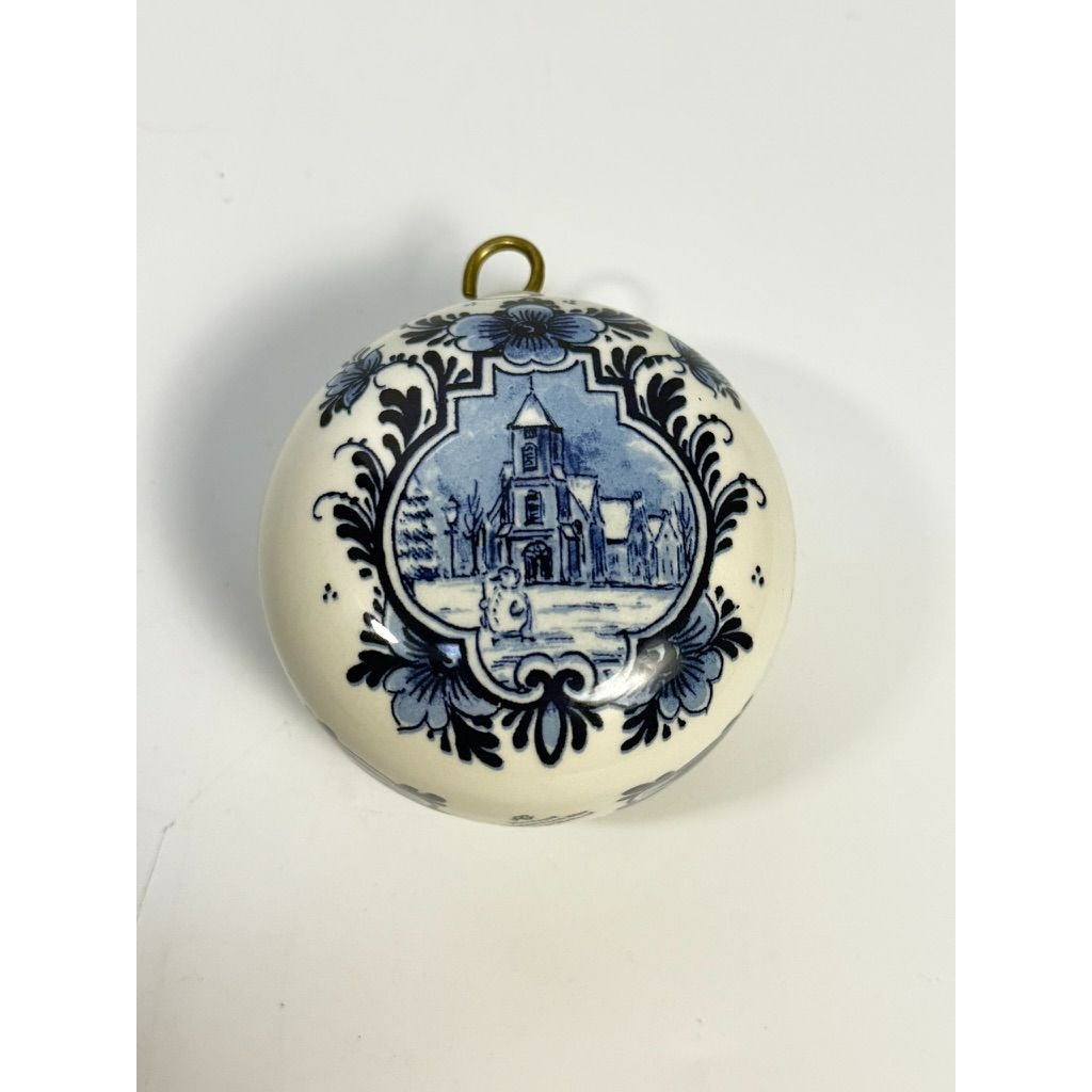 Christmas Ornaments Set 3 Vintage Delft Blue FG Handwork Handpainted Dutch Scenes Round Ball Holland Church Boat Horses Made in Holland