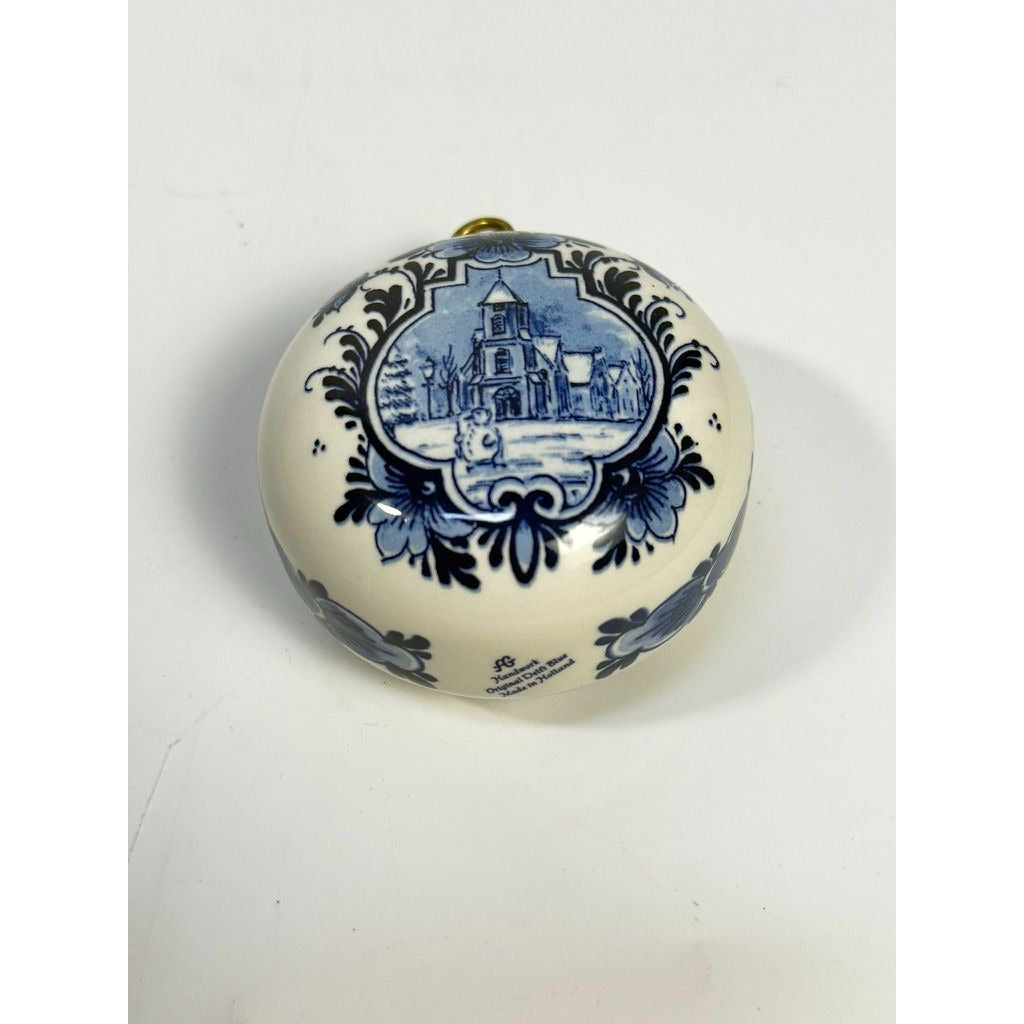Christmas Ornaments Set 3 Vintage Delft Blue FG Handwork Handpainted Dutch Scenes Round Ball Holland Church Boat Horses Made in Holland