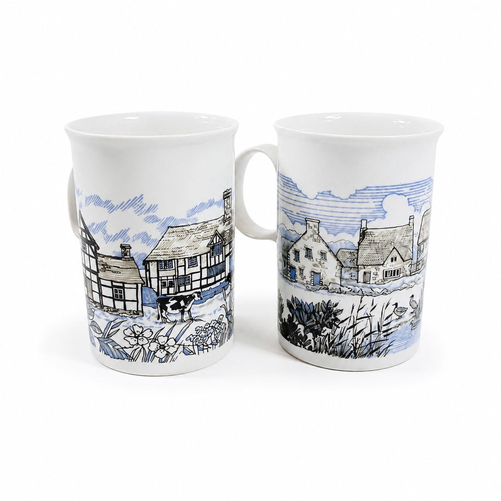 Stoneware Pottery Mugs Dunoon Ceramics Rural Village Cottages Cows Ducks Horse Farm– Hand Painted Blue and Brown Tones - Made in Scotland